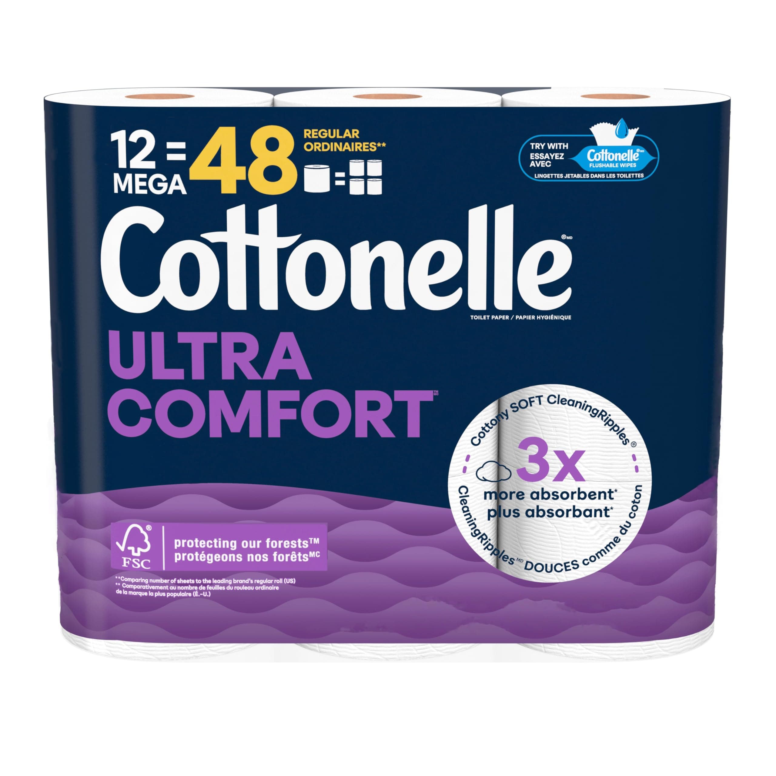 Cottonelle Toilet Paper, 12 Mega Rolls = 48 Regular Rolls, Ultra Comfort, Soft Bathroom Tissue, 244 Sheets per Roll, Packaging May Vary