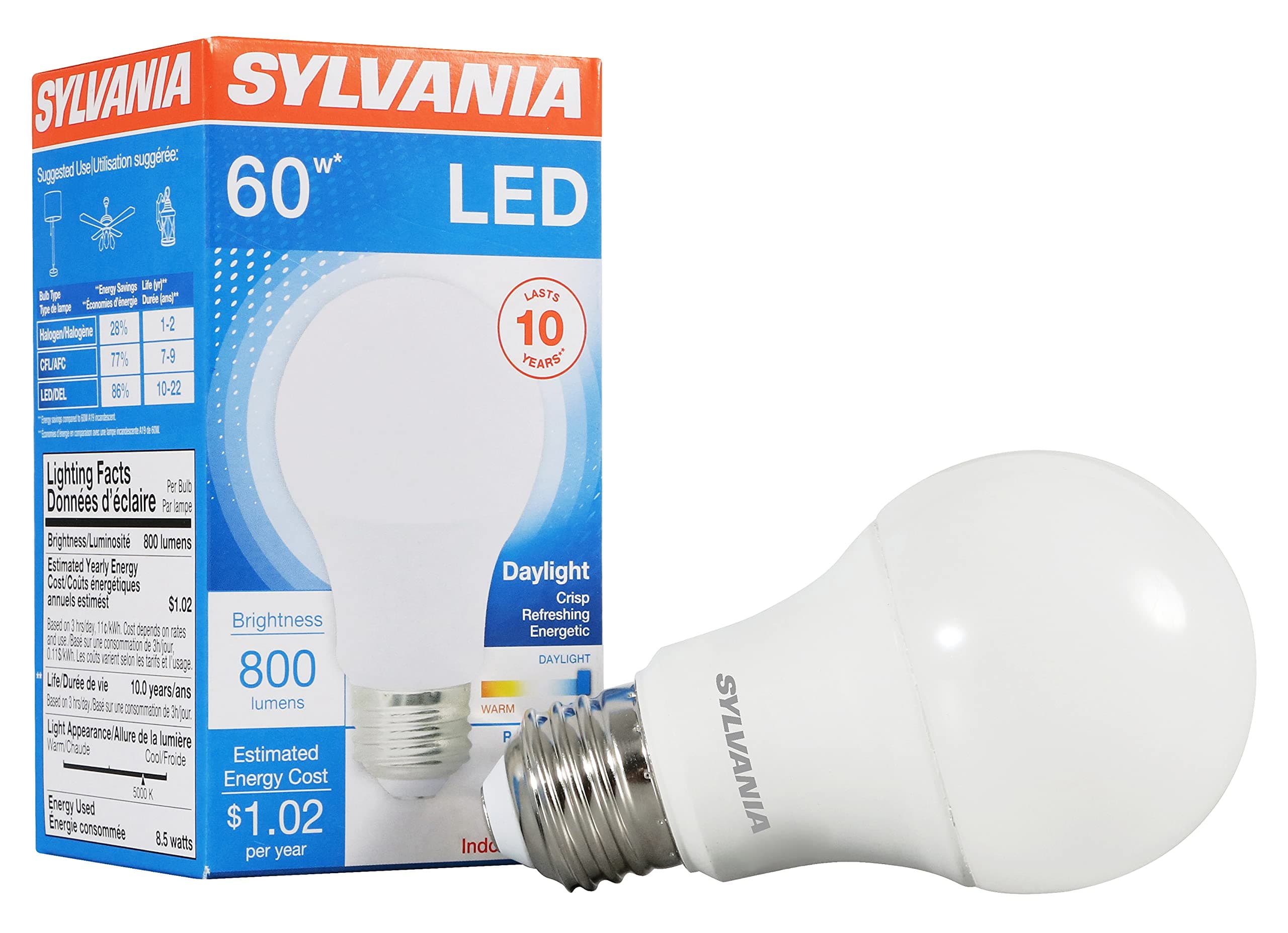 Sylvania A19, 60W Equivalent LED Light Bulb, Daylight 5000K, 1 Pack