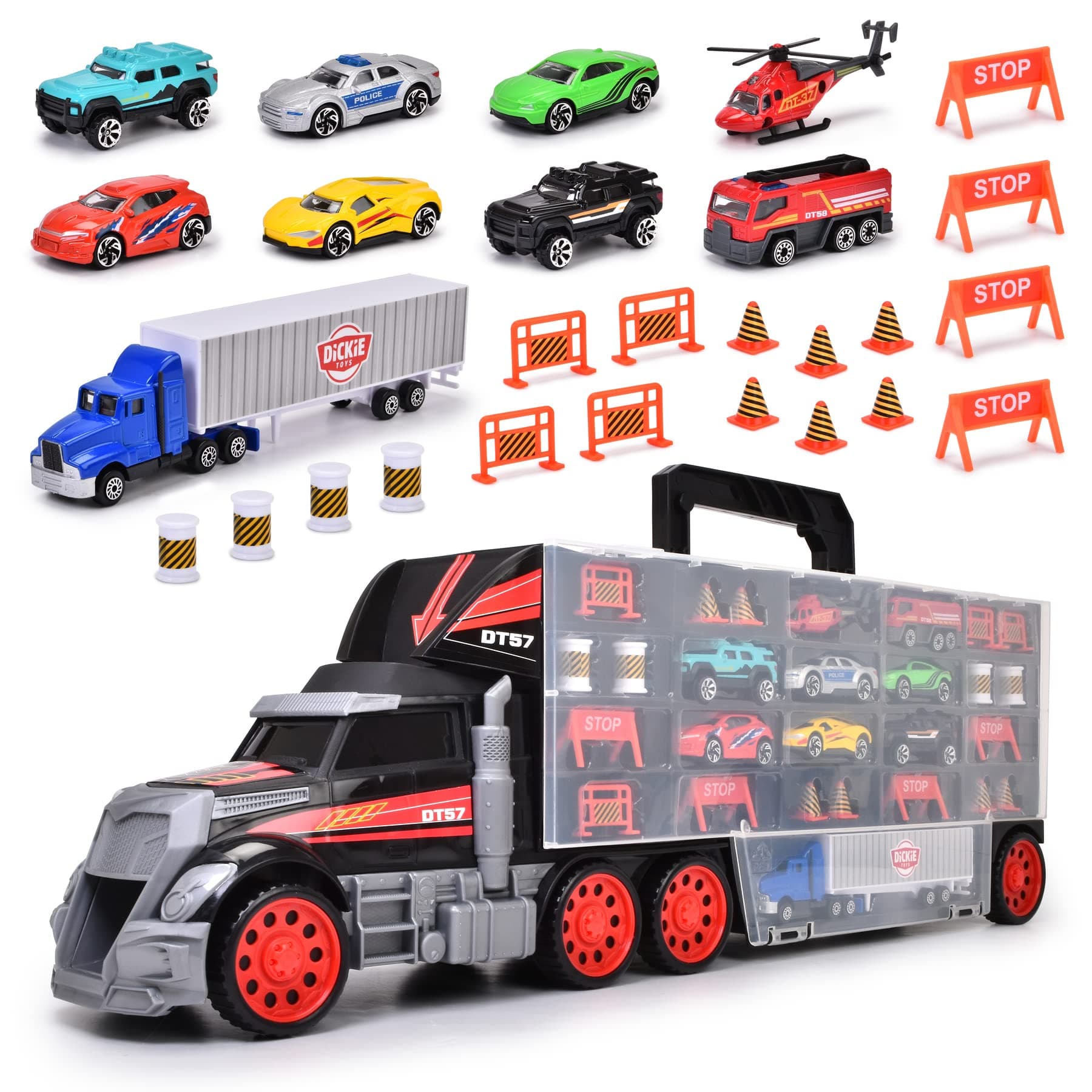 Dickie Toys 203749023 Case, Truck with Carry Handle Including 7 Toy Cars and Helicopter & Accessories, 62 cm, from 3 Years, Multicoloured, 65 x 13 cm Amazon Exclusive