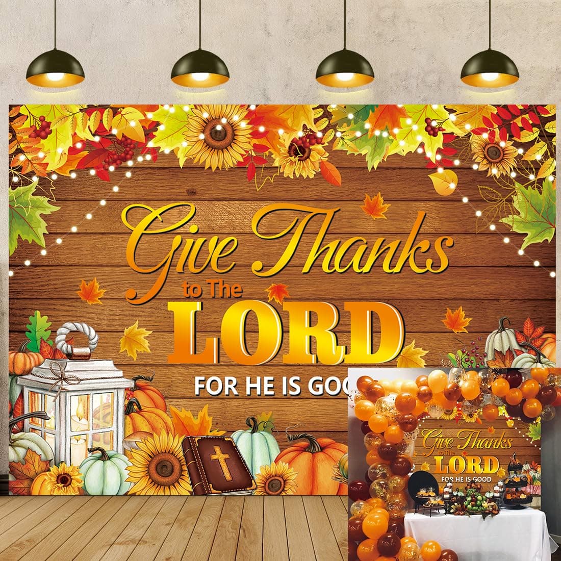 Give Thanks to The Lord Banner Backdrop 7x5FT Christian Thanksgiving Decorations Photography Background Autumn Maple Leaves Pumpkins Religious Thanksgiving Harvest Party Supplies Wall Decor