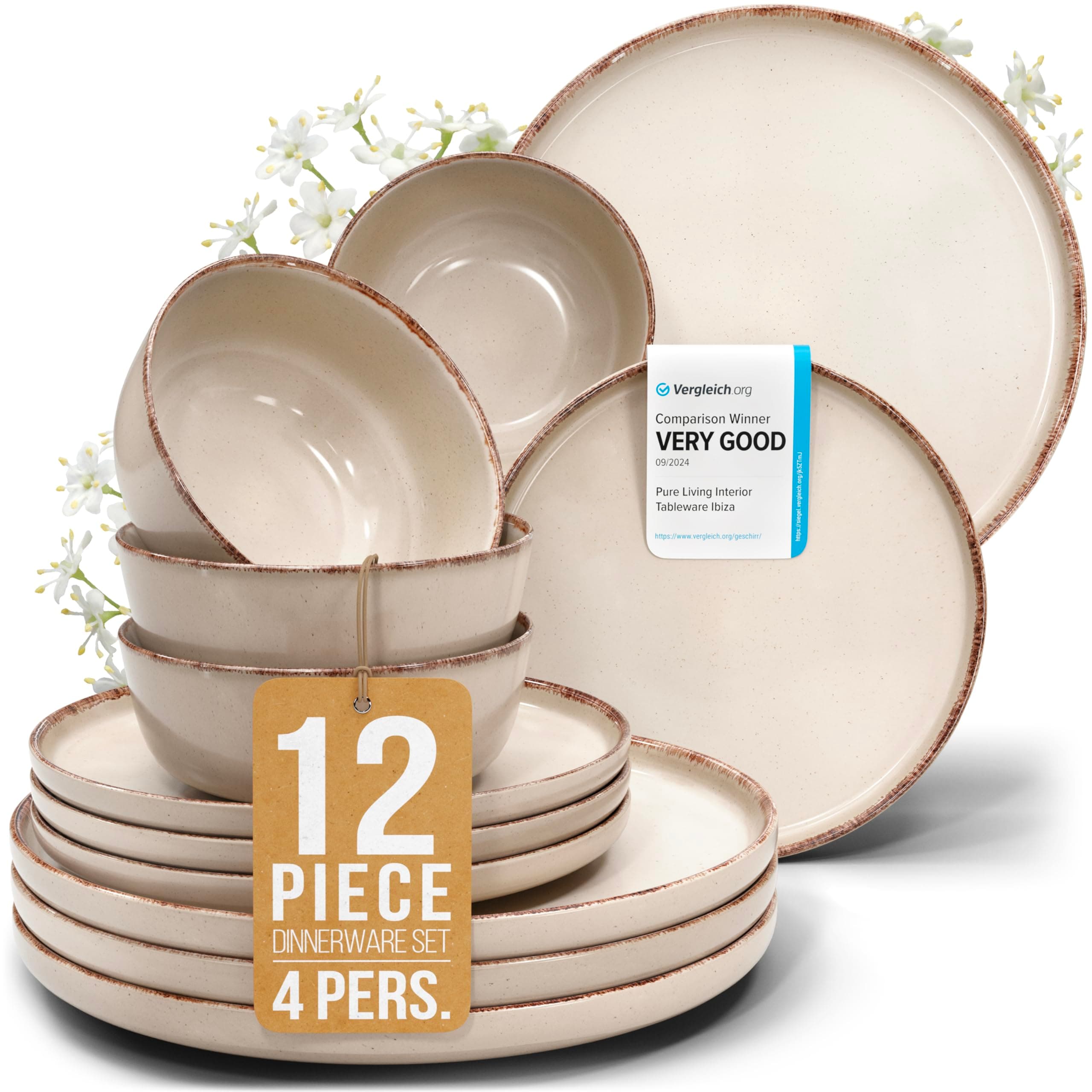 12 Piece Stoneware Dinnerware Set for 4, Handmade Plates and Bowls Set