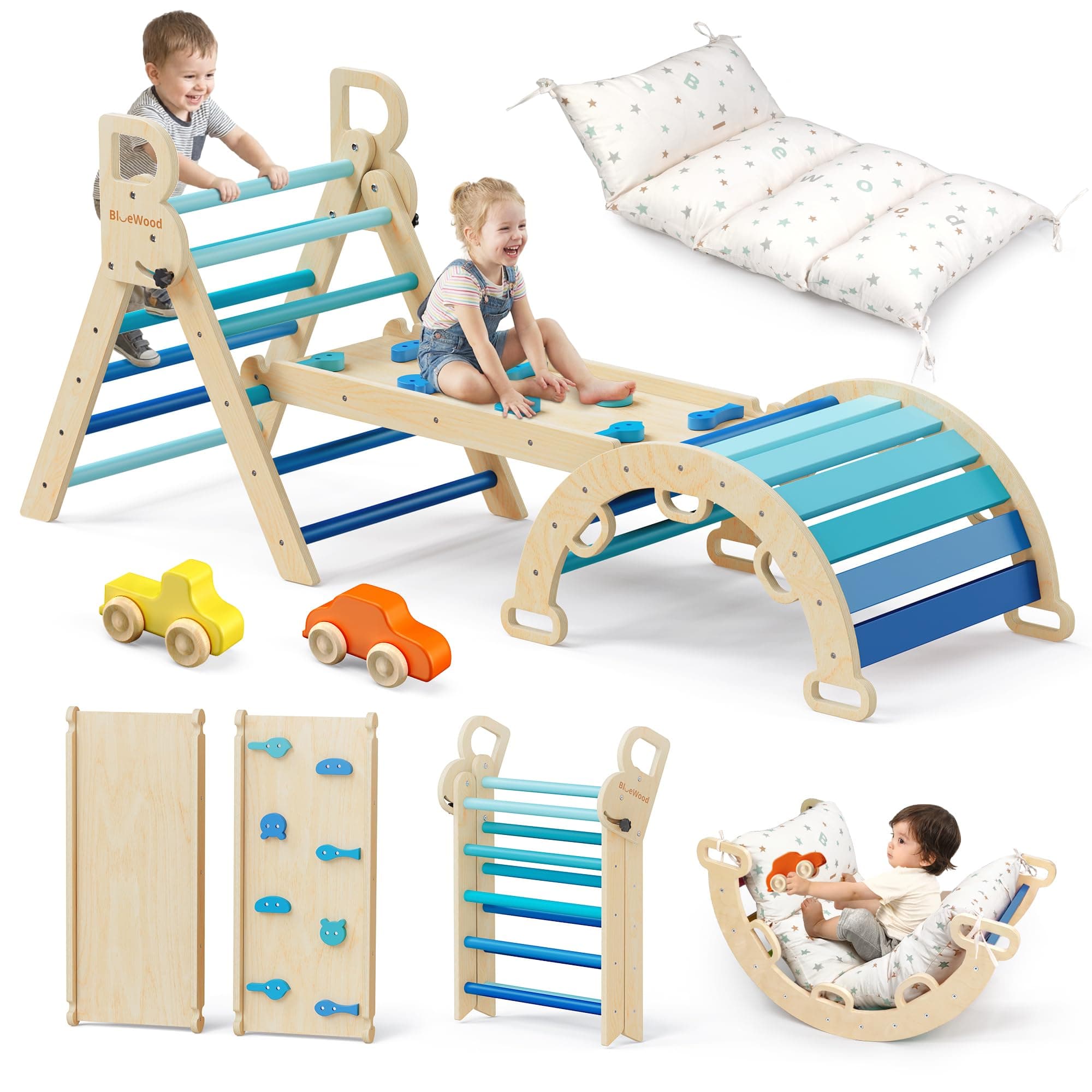 BlueWood Pikler Triangle Set with Cushion, Wooden Climbing Toys for Toddler