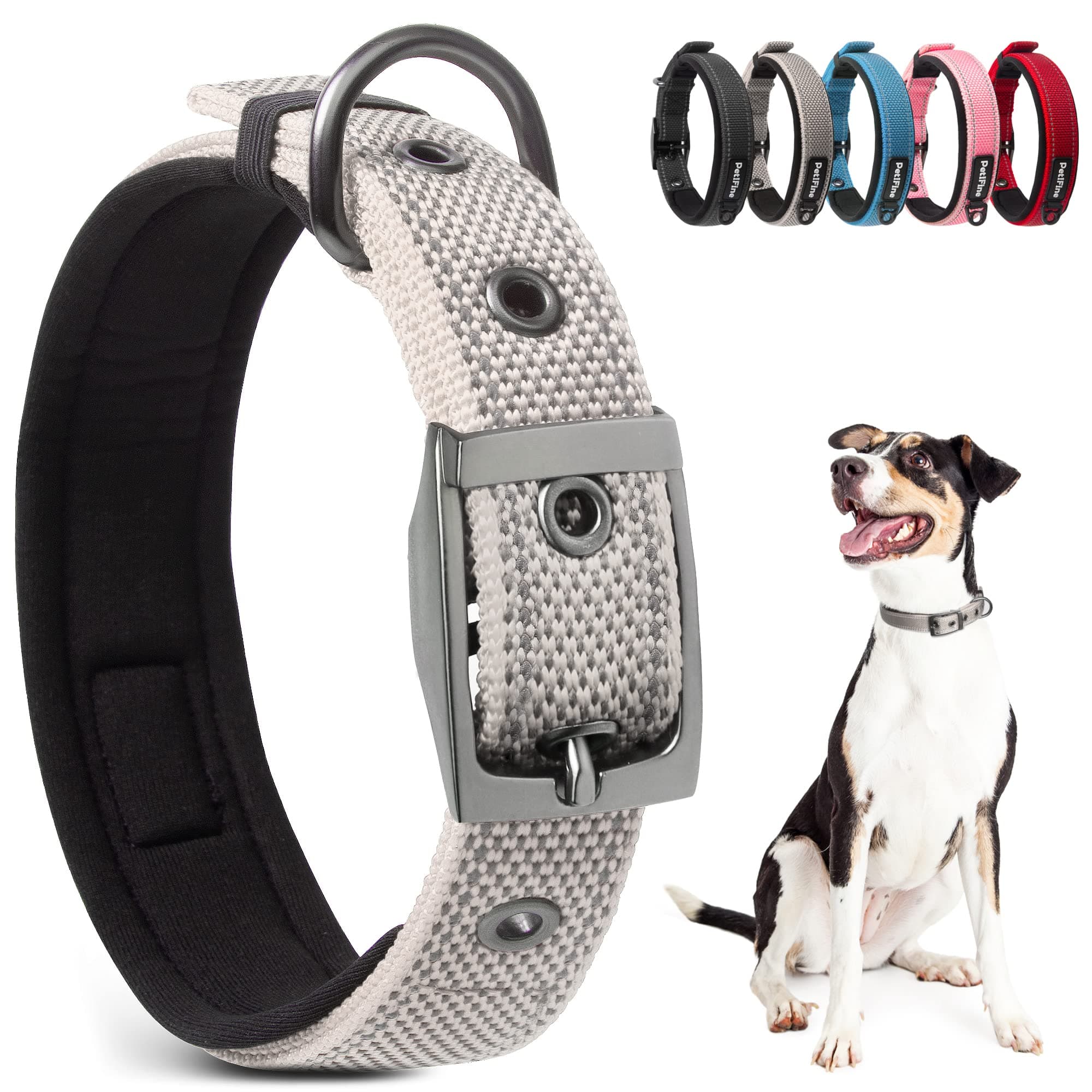 PetiFine Heavy Duty Dog Collar, Adjustable Soft Neoprene Padded Dog Collar with Metal Buckle, Reflective Belt Buckle Dog Collars for Small Medium Large Dogs (11”-14.5“, Grey)