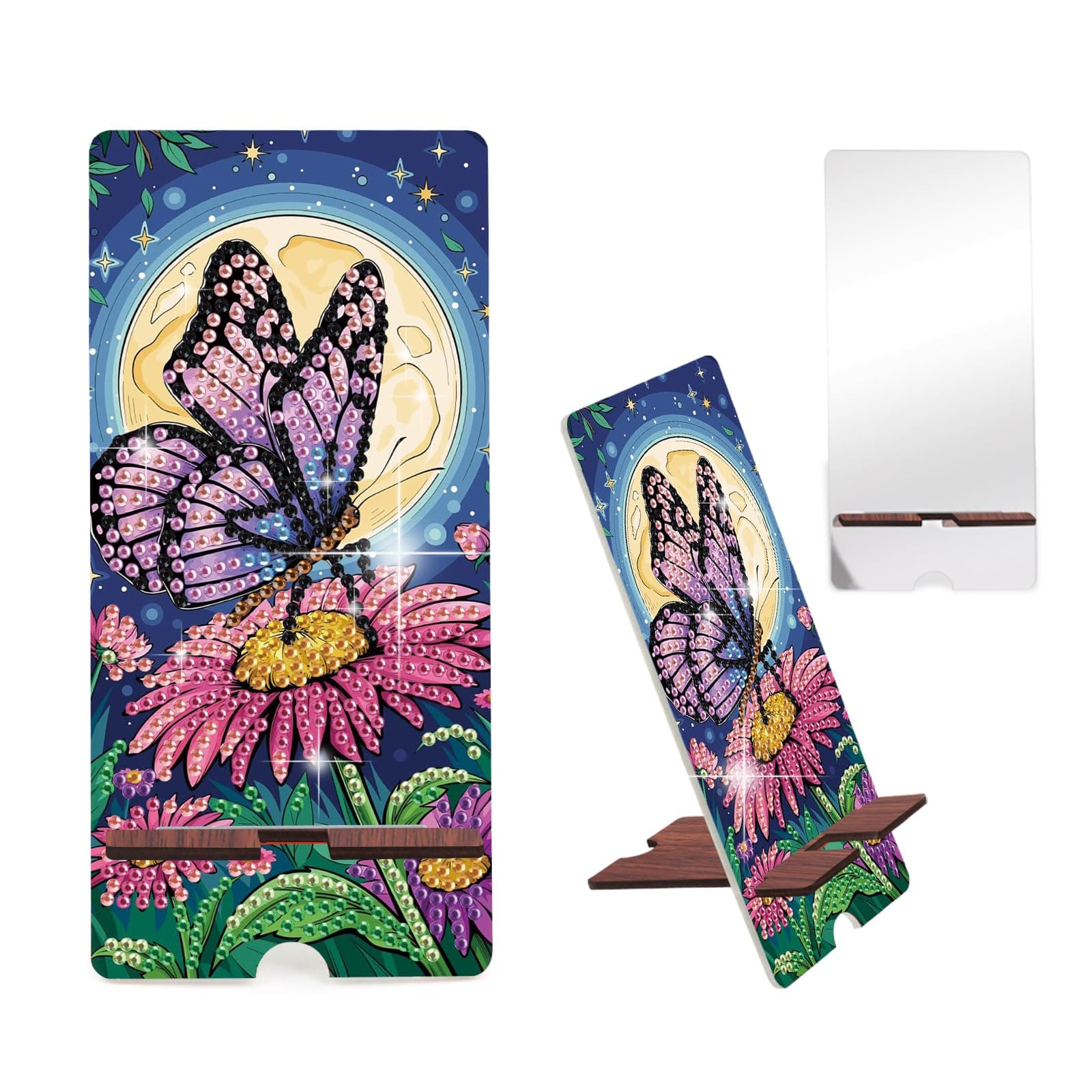 AiYuanzsh Butterfly Diamond Painting Phone Stand with Mirror, Floral DIY Wooden Diamond Art Desktop Holder, 2-in-1 Multi-Functional Tabletop Ornament for Home and Office