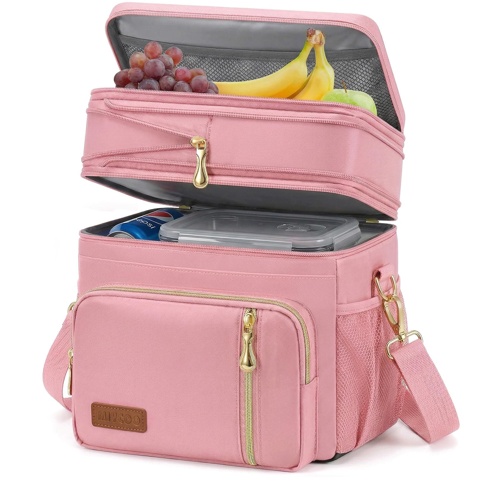 MIYCOO Lunch Bag for Women Men Double Deck Lunch Box - Leakproof Insulated Soft Large Lunch Cooler Bag (Pink, 15L)