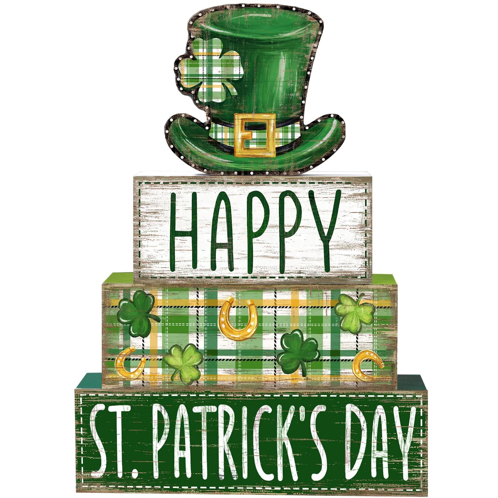 DIYDEC 4Pcs St.Patrick's Day Table Decoration Shamrocks Hat Wooden Block Signs Rustic St. Patrick Tiered Tray Decor Happy St.Patrick's Day Centerpiece Sign for Farmhouse Holiday Tabletop Party Decor
