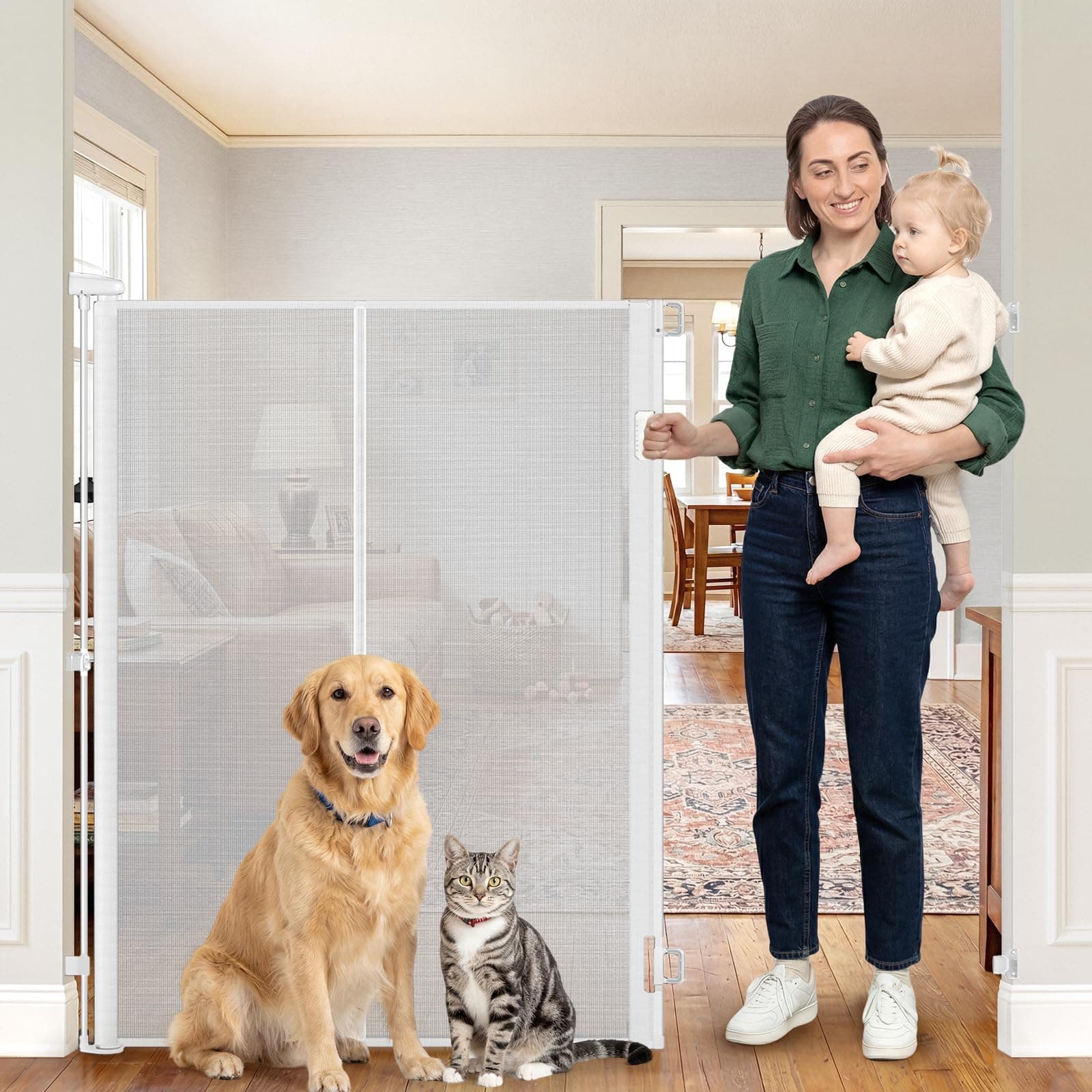 Reinforced 52" Extra Tall Dog Gate for Doorway, Jump-Resistant & Prevent Crawling Underneath Retractable Dog Gates Indoor, 0-55" W Retractable Baby Gate for Doorway, Safety Extra Tall Cat Gate, White