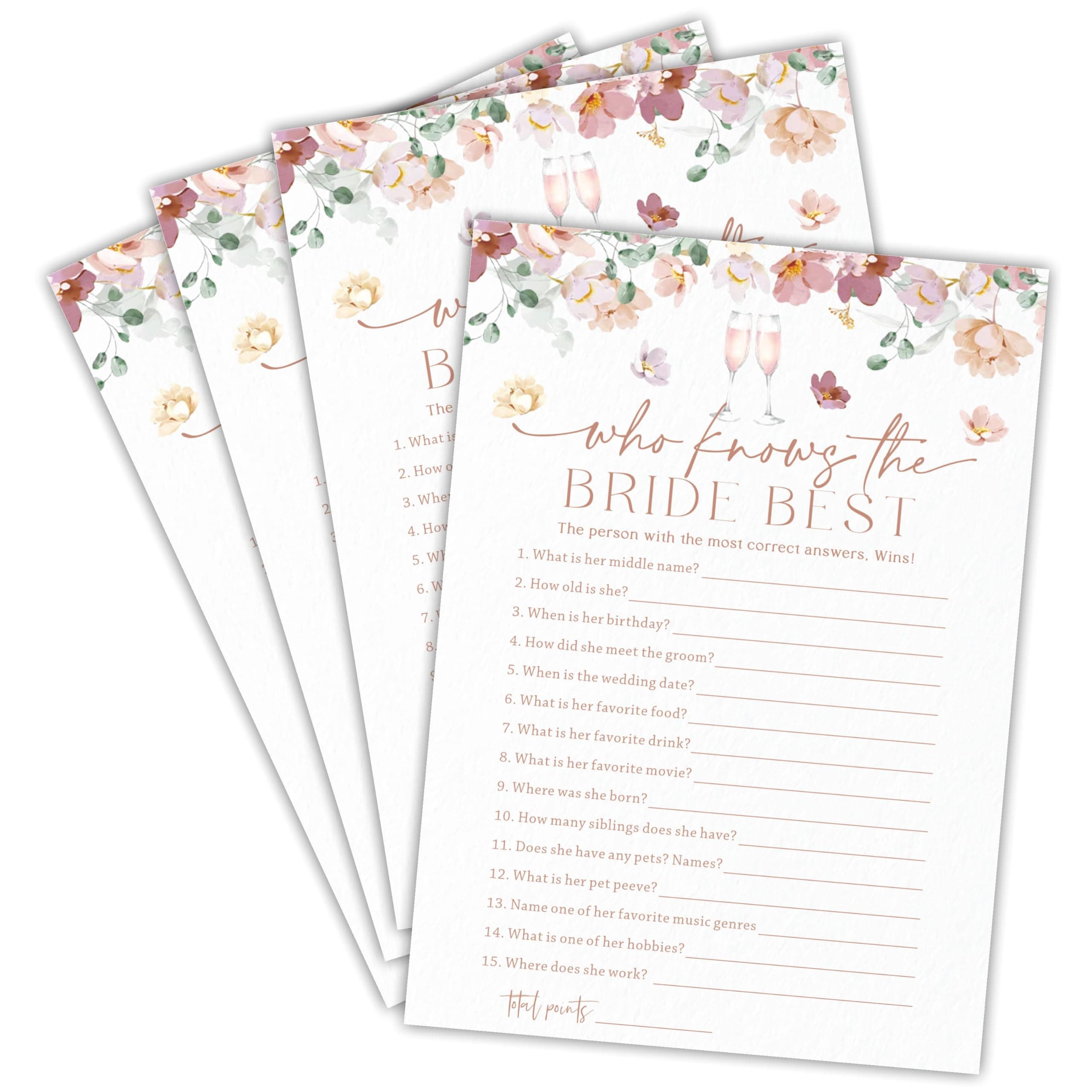 Ebned Who Knows The Bride Best Bridal Shower Game - Floral & Champagne - 30 Pcs Watercolor Double-Sided Fill-in Wedding Game Cards for Newlyweds, Engagement Party Activities & Decorations -C06