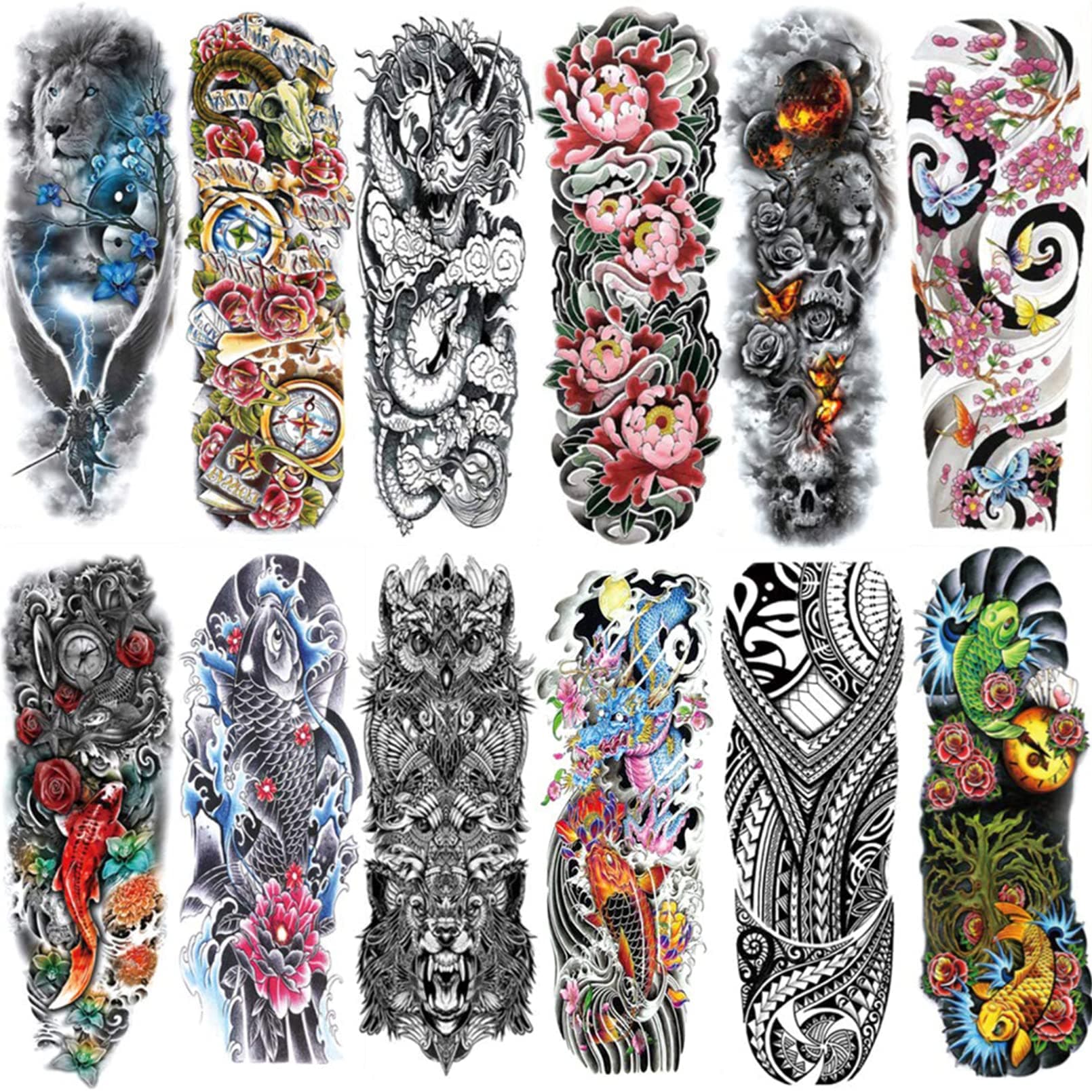 Arm Temporary Tattoos For Men Women(12 SHEETS), Extra Temporary Tattoo Stickers for Men Women, Full Arm Sleeve Tattoo Long lasting Non-toxic Waterproof