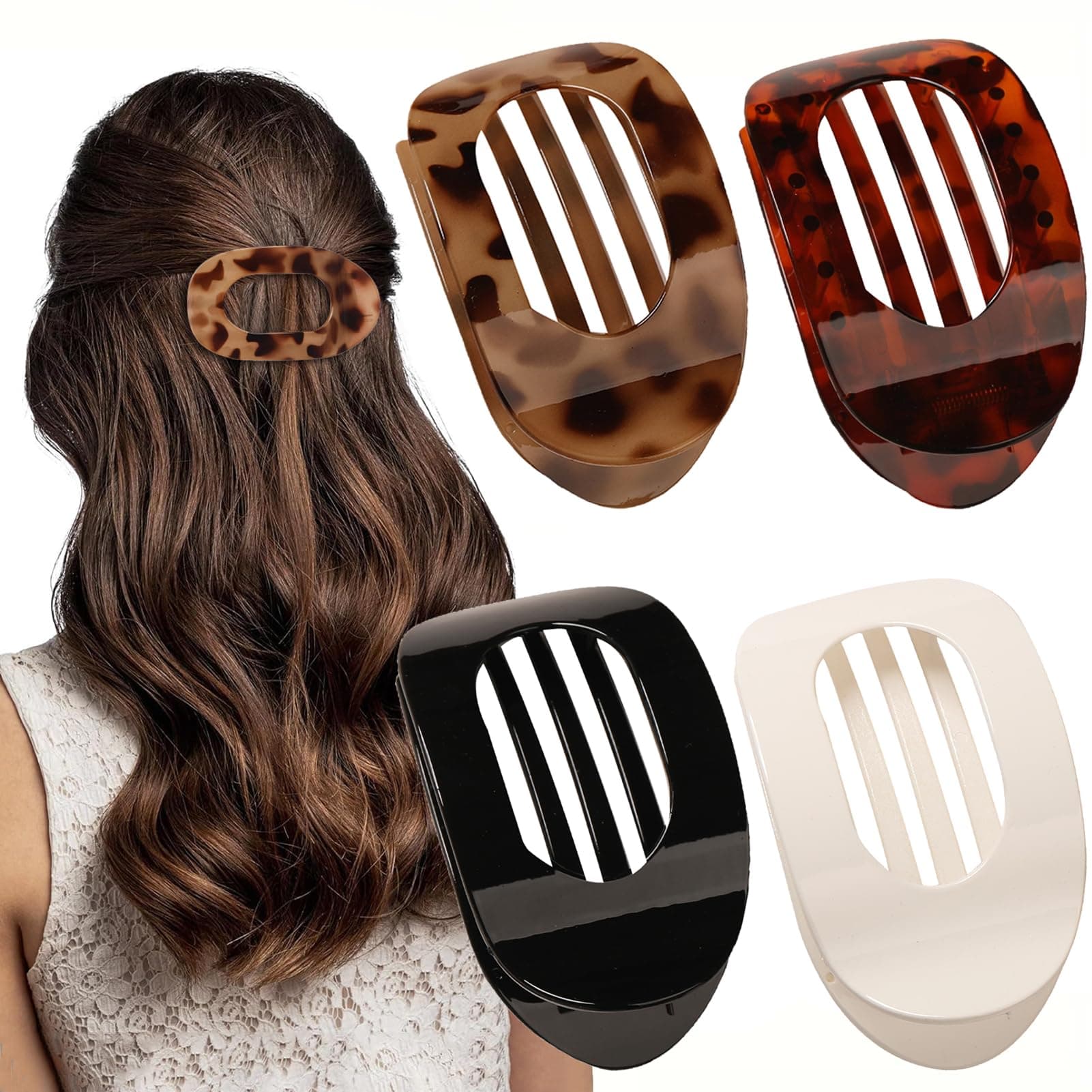4 PCS Flat Hair Clips, Round Lay Down Hair Claw Clips for Women Girls, French Strong Hold Hair Barrettes for Thick Thin Hair,Comfortable Curved Flat Clips for Lying,Driving and More (Leopard)