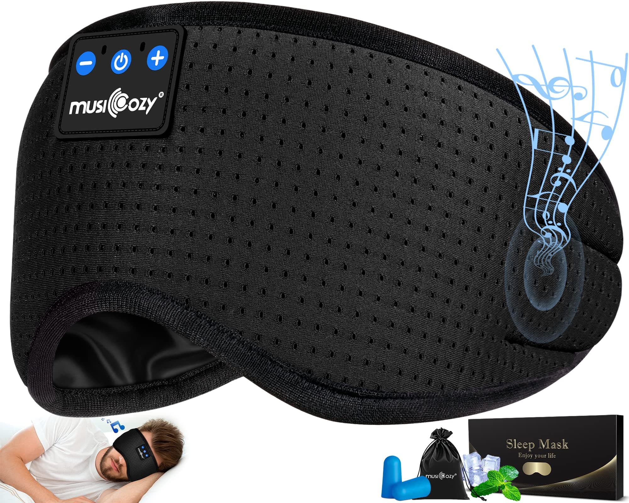 MUSICOZY Breathable 5.4 Sleep Headphones Eye Mask Headband for Side Sleeper