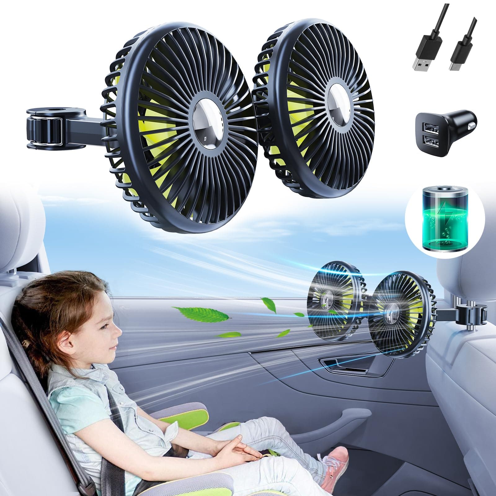 Nauttxon Battery Fan for Car Backseat with 360° Rotatable 3 Speed