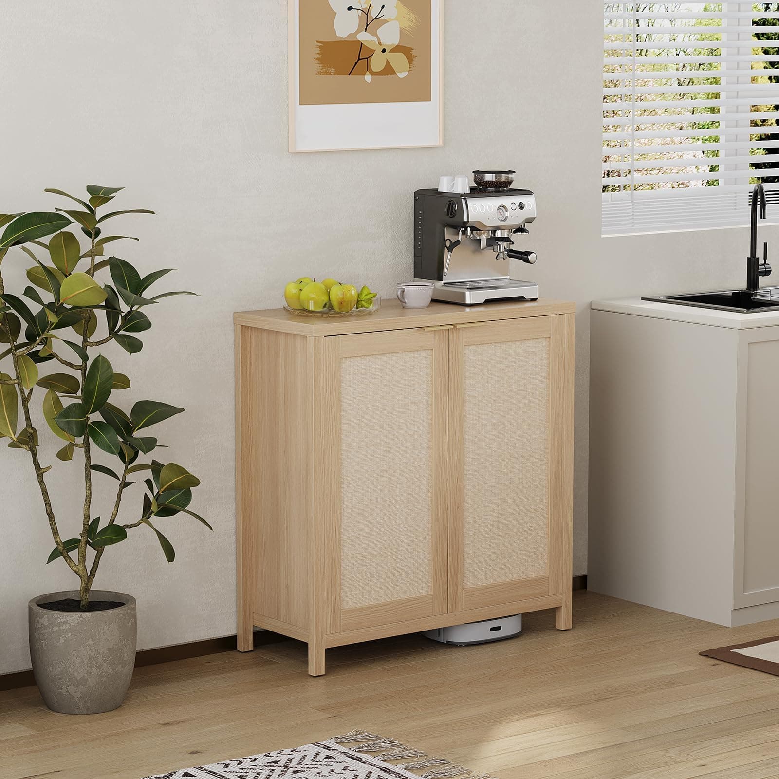 Rattan Sideboard Buffet Cabinet with Large Storage & Adjustable Shelves, Boho Credenza Coffee Bar Cabinet, Wood Coffee Bar Cabinet for Dining Room, Living Room, Entryway, Kitchen, Light Oak