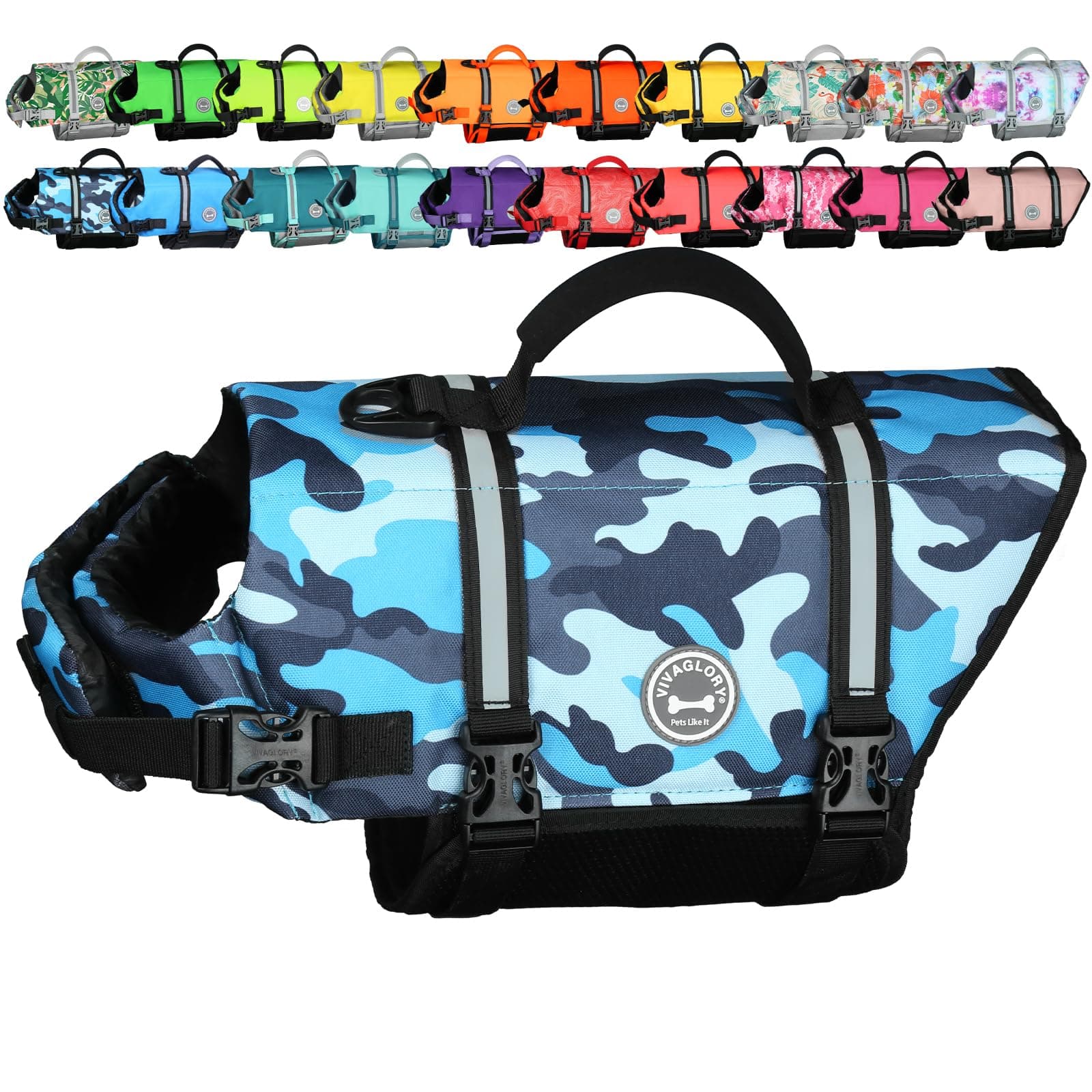 VIVAGLORY Dog Life Jacket Rip Stop Dog Life Vest, XS, Camo Blue