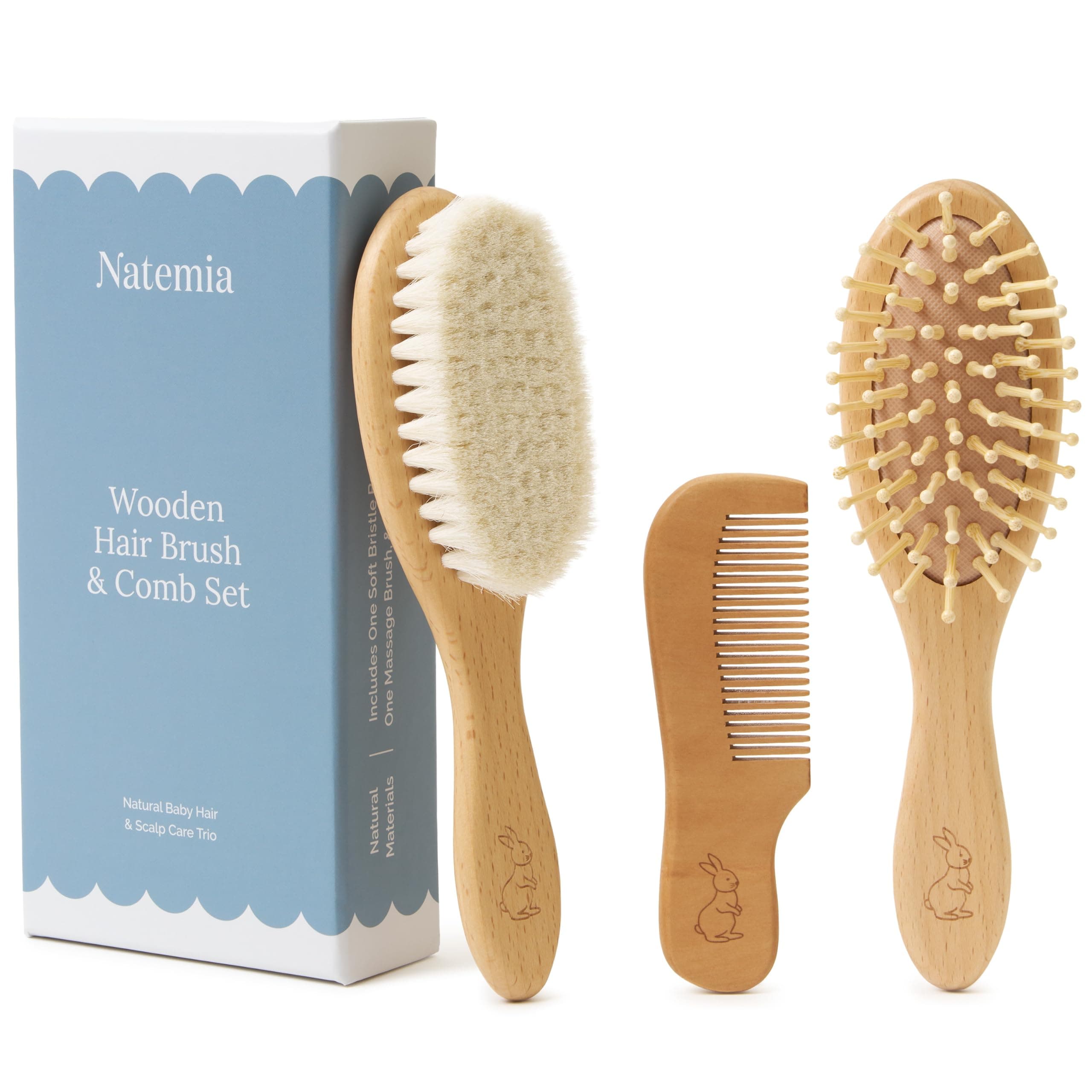 Natemia Baby Hair Brush and Comb Set - Baby Brush Set with Natural Soft Goat Bristles, Baby Brush and Comb Set Newborn, Baby Grooming Kit, Toddler Hair Brush, Baby Registry Gift, Cradle Cap Brush