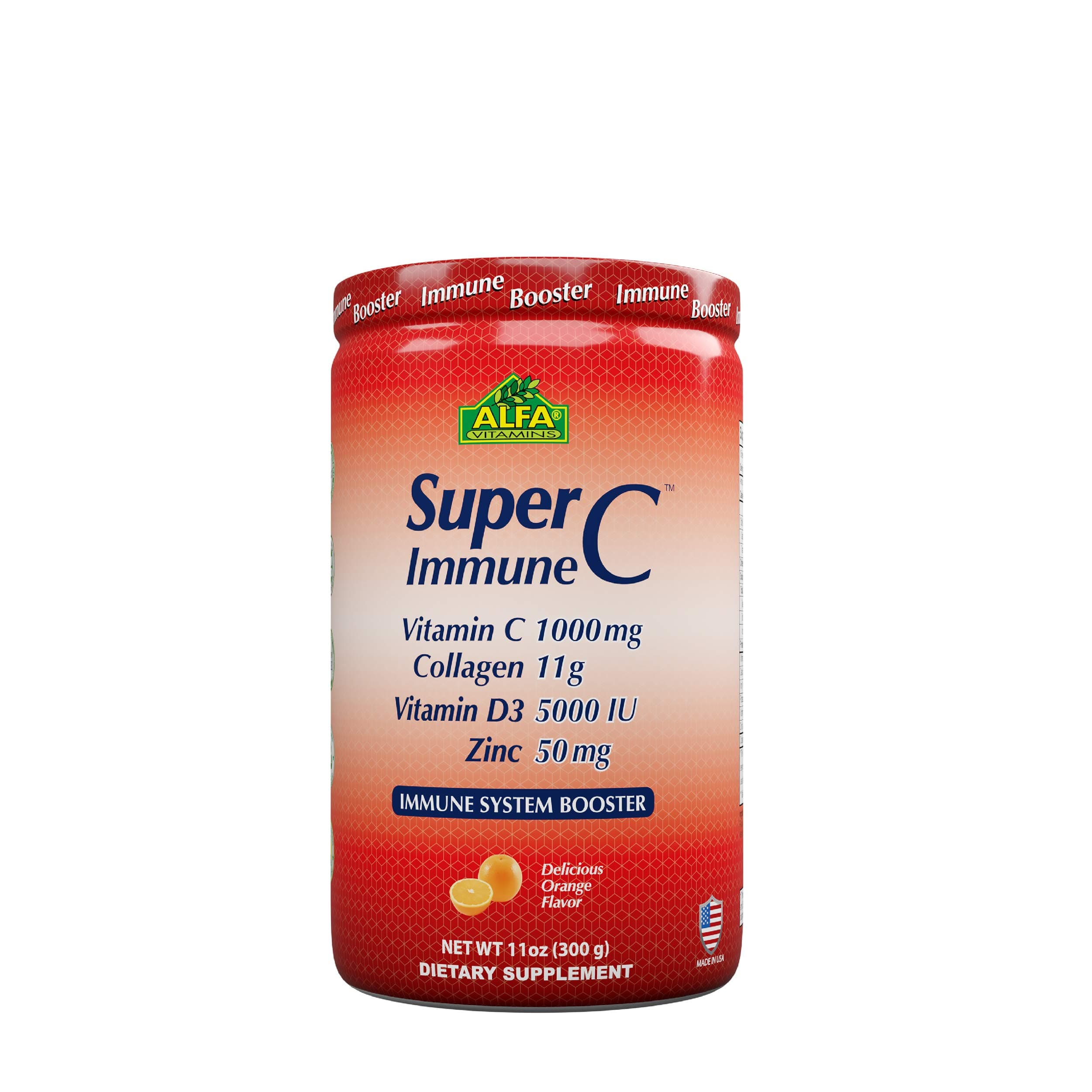 ALFA VITAMINS Super Immune C Powder, Gluten Free Dietary Supplement with Vitamin C 1000mg, Collagen, Vitamin D3 5000 IU & Zinc, Immune Support & Healthy Skin, Orange Flavor, 11oz, 30 Servings