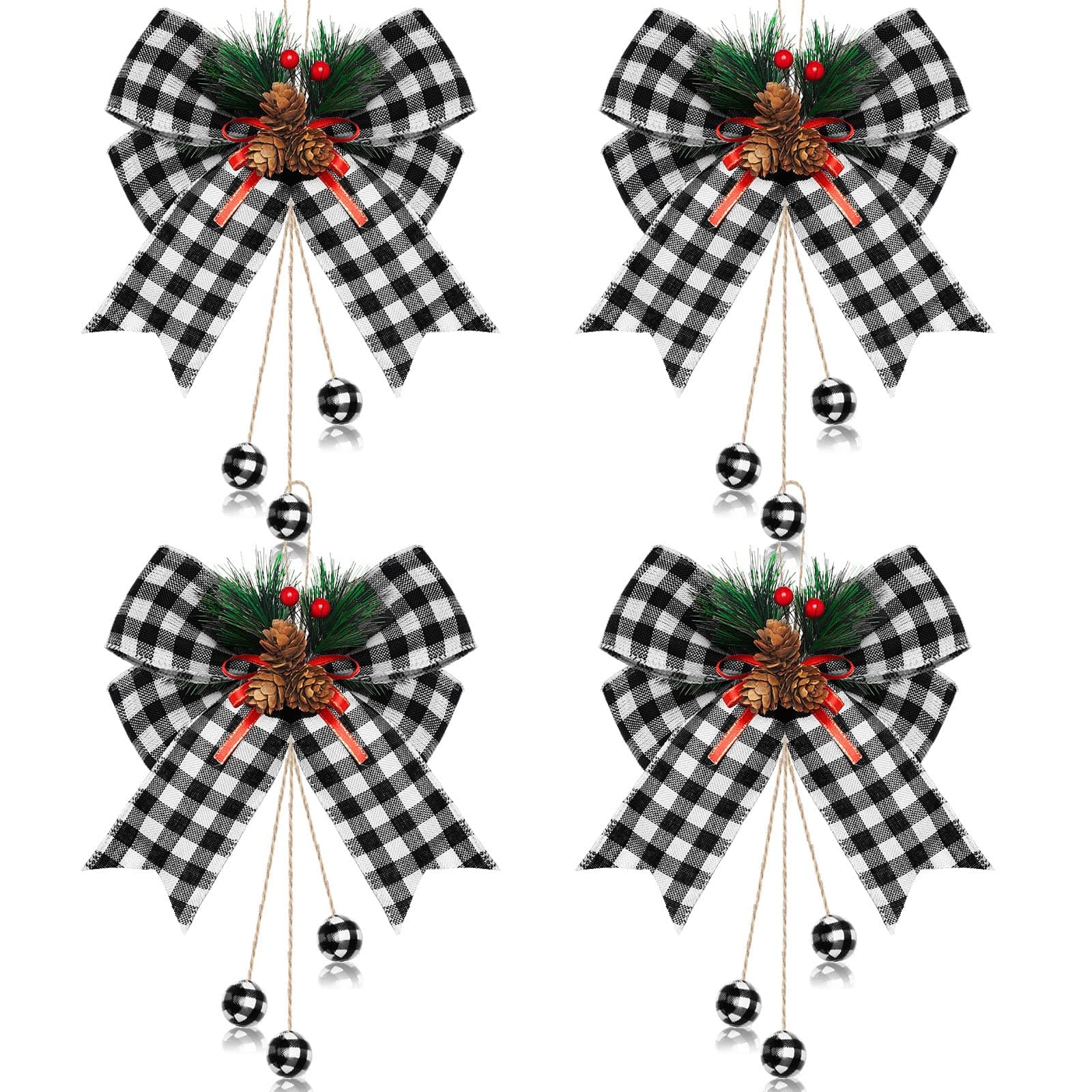 Syhood 4 Pcs Christmas Bows Large Buffalo Plaid Bow with Pine Cones Xmas Tree wreaths Checkered Ribbon Bow Decoration for Home Christmas Party Indoor Crafts, 9.8 x 11.8 Inch(Black and White Plaid)