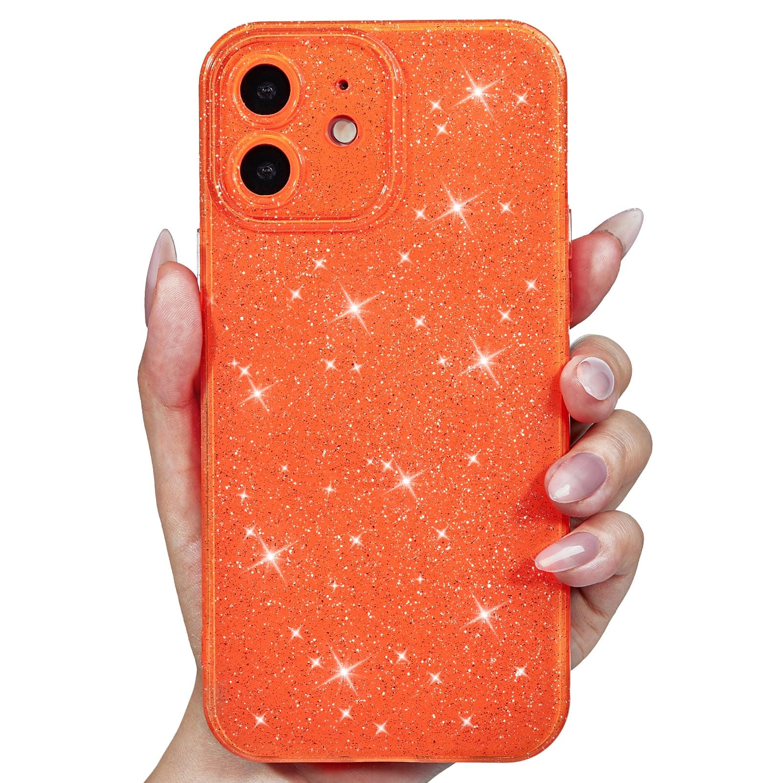 Svanove for iPhone 12 Mini Case Glitter, Cute Sparkly Bling Glittery Silicone Phone Case, Shiny Sparkle Girly Design, Bright Trendy Aesthetic Slim Thin Hard Camera Cover for Women, Neon Orange