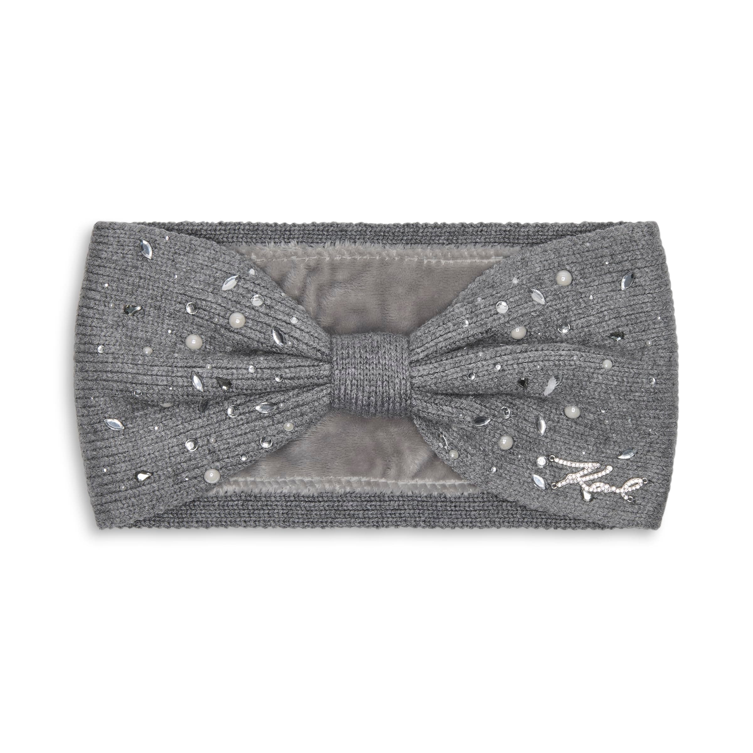 Karl Lagerfeld Paris Women's Crystal and Pearl Studs Winter Headband, Heather Granite, One Size