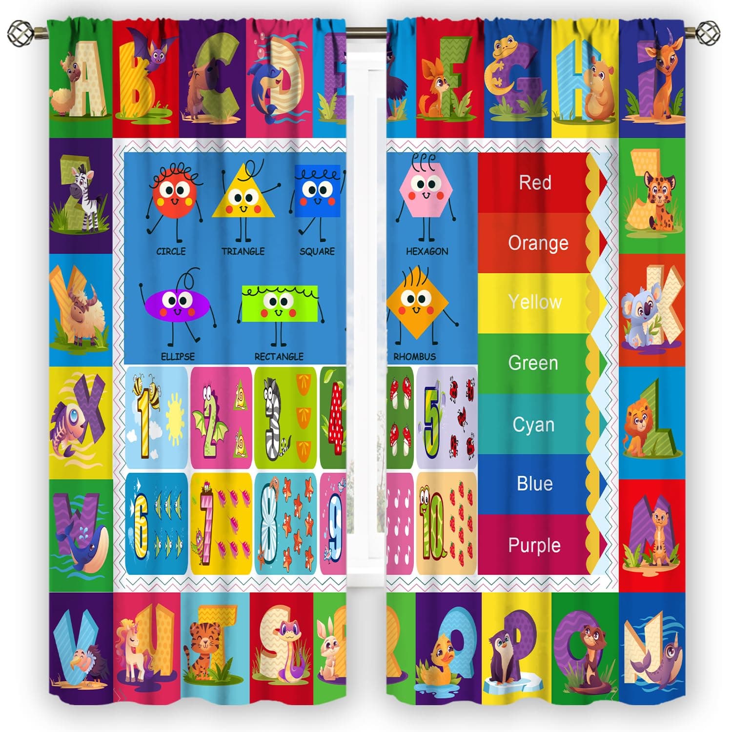 YCness Alphabet ABC Kids Curtains Rod Pocket Colorful Cartoon Animal Learning Window Treatments for Daycare Classroom Educational Nursery Playroom Bedroom Living Room Window Drapes, 42x54 Inch