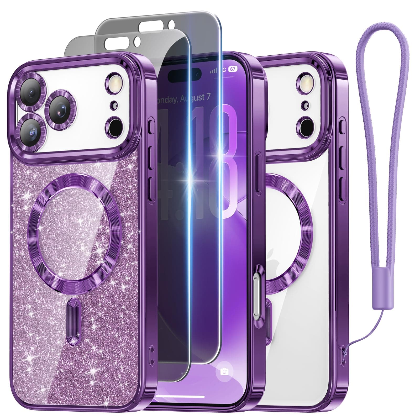 Meifigno Designed for iPhone 17 Pro Case with 2X Privacy Screen Protectors 6.3", [Glitter Card & Wrist Strap] [Compatible with MagSafe] Surround Lens Protection for 17 Pro Phone Case Women, Purple