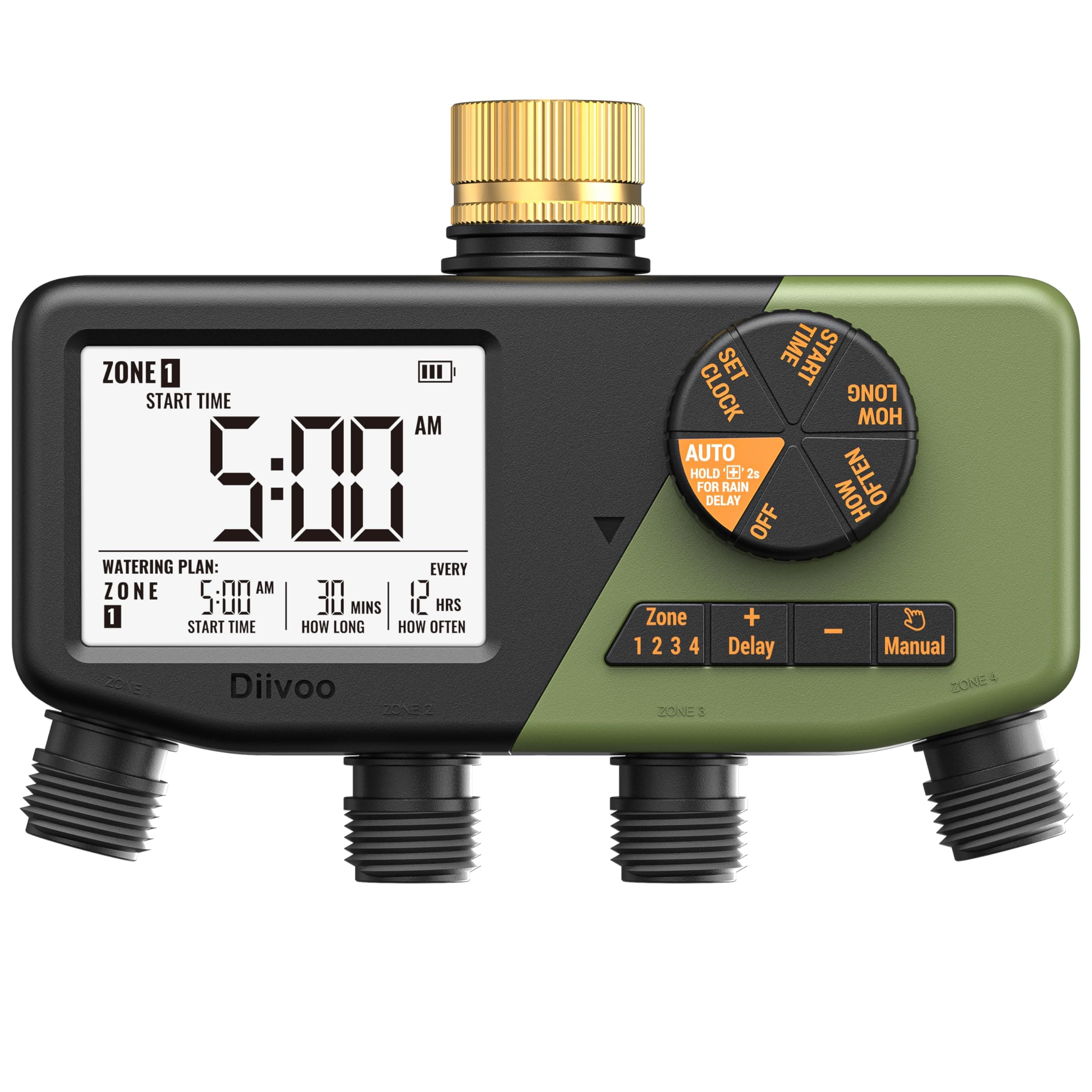 Diivoo 4 Zone Water Timer with Brass Inlet, IP68 Waterproof Sprinkler Timer