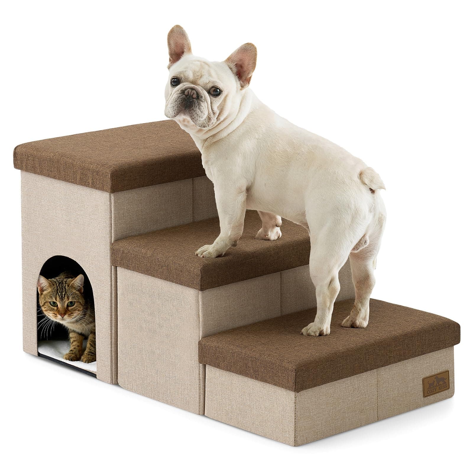 Dog Stairs with Storage, 3-Step Wider Sturdy Dog Steps for Small/Medium/Large Dogs and Older Cats, Doggie Ramp with Condo for Bed/Couch/Car Hold Up to 180 lbs (17.7" H, Brown)