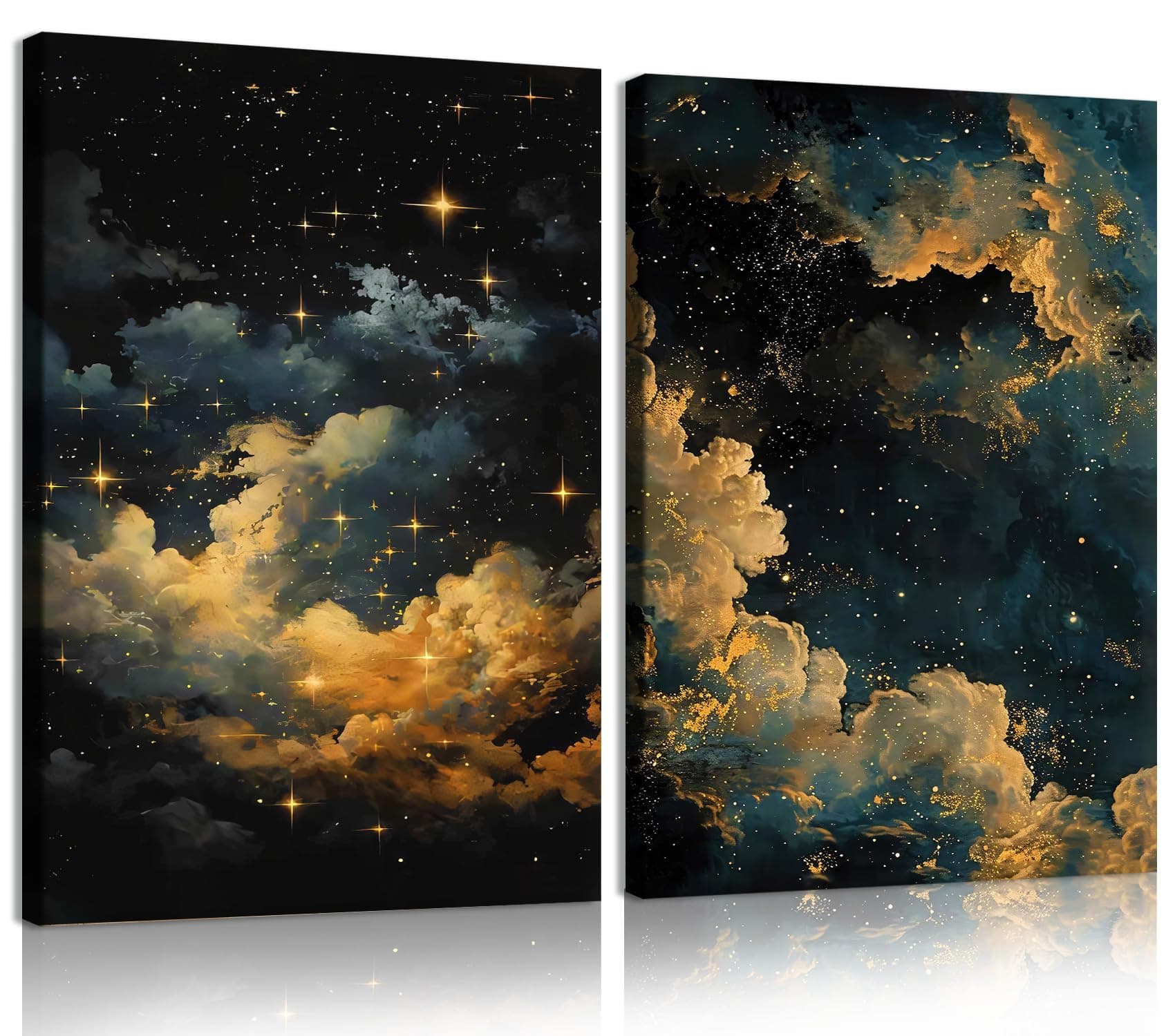 EEYNAQQ 2 Pcs Dreamy Starry Sky Canvas Wall Art Vintage Celestial Sky Cloud Framed Posters Prints 12x16 Inch Night Sky Stars Landscape Painting for Living Room Home Theater Kid’s Bedroom Wall Decor