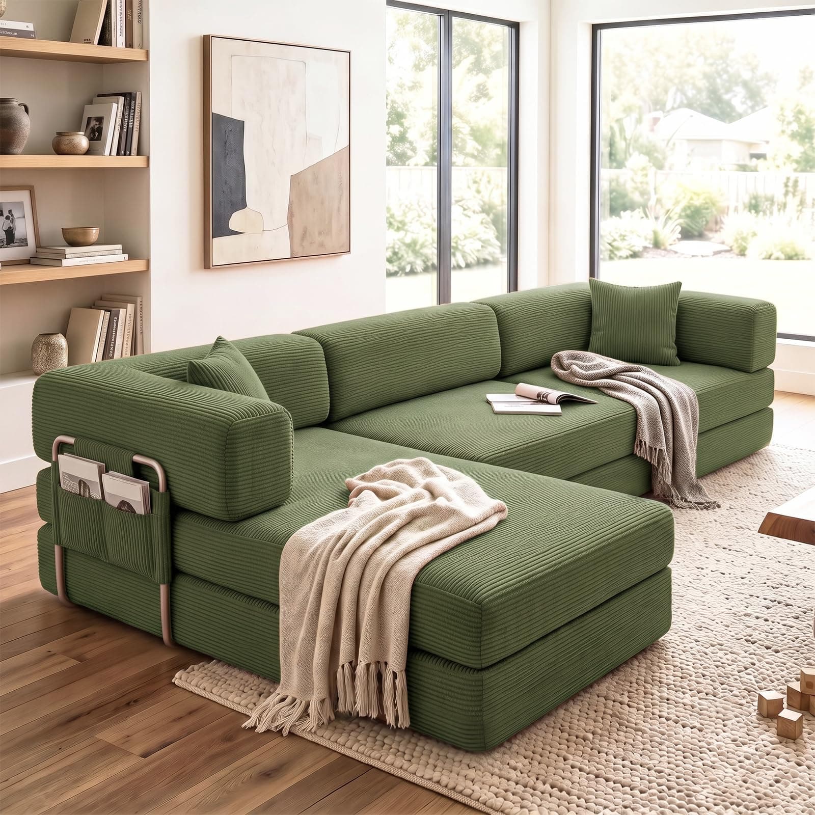 GEARIVY Convertible Sleeper Sofa Bed Corduroy Couch Bed 4-in-1 DIY Combination Modular Sofa Fold Out King Size Sleeper Floor Cama Lounge Couch for Living Room (Green, 270CM Sofa Bed)