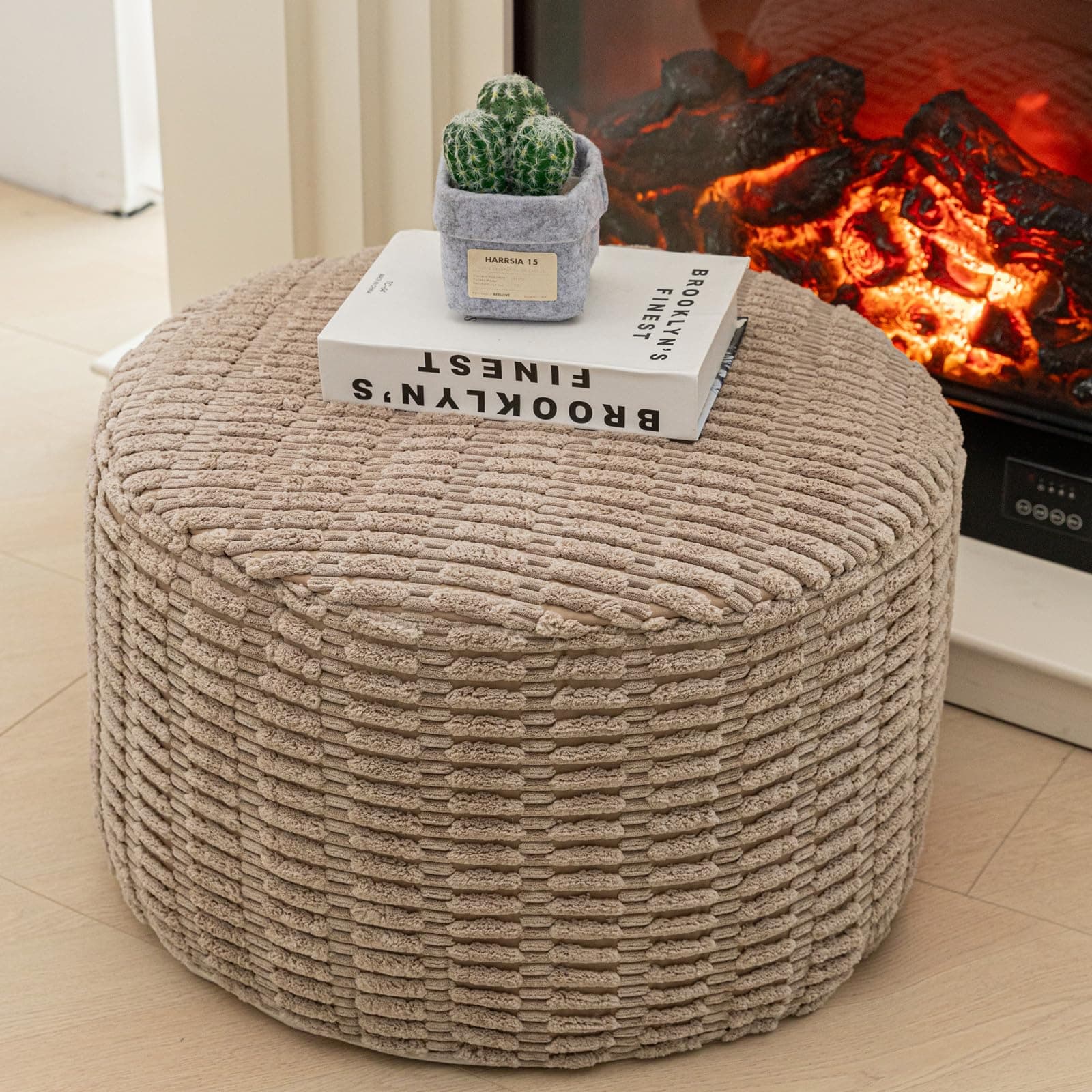 Plush Polyester Pouf Ottoman & Foot Rest – 51x31cm Floor Pouf Lightweight, Stylish Living Room Accent for Cozy Comfort (Light Coffee)