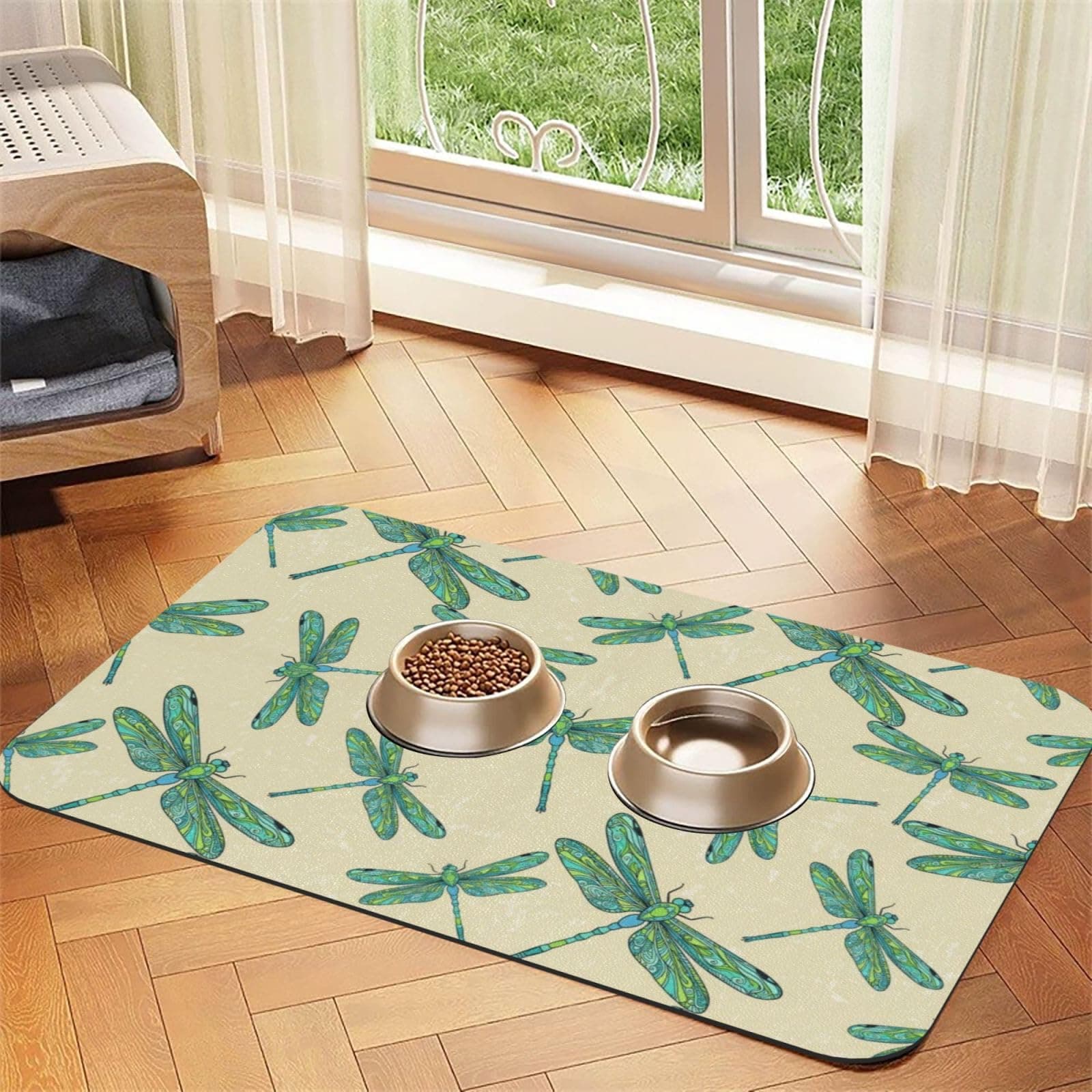 Dragonflies Cat Food Mat Absorbent Dog Mat for Food and Water Non Slip Quick Dry Dog Bowl Mats for Floors