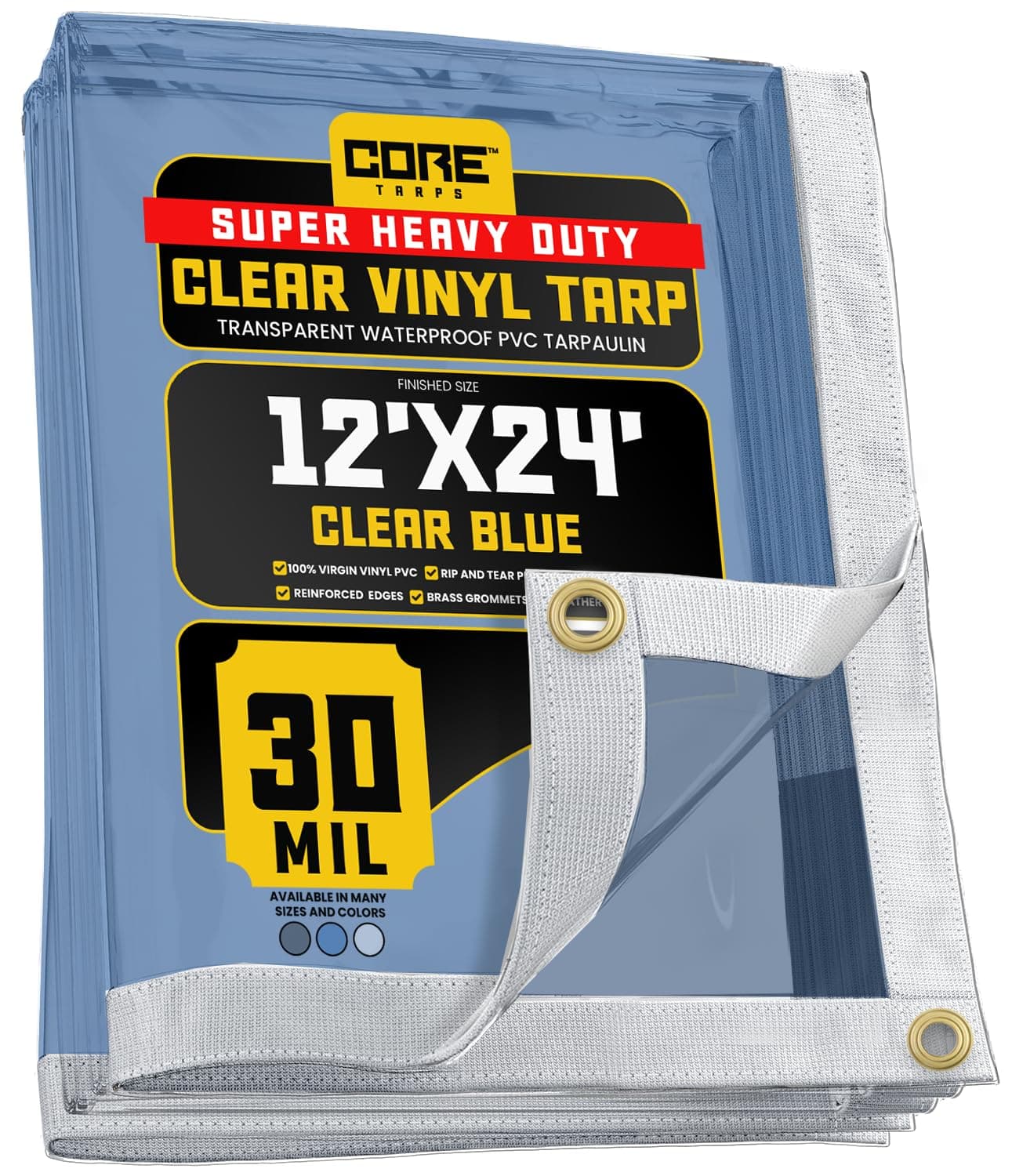 Core Tarps 30 Mil Extreme Heavy Duty Clear Tarp with Gromments - 12x24ft Super Clear Tarps Heavy Duty Waterproof Vinyl Tarpaulin, Transparent Tarp for Outdoor, Camping & Construction, Clear Blue