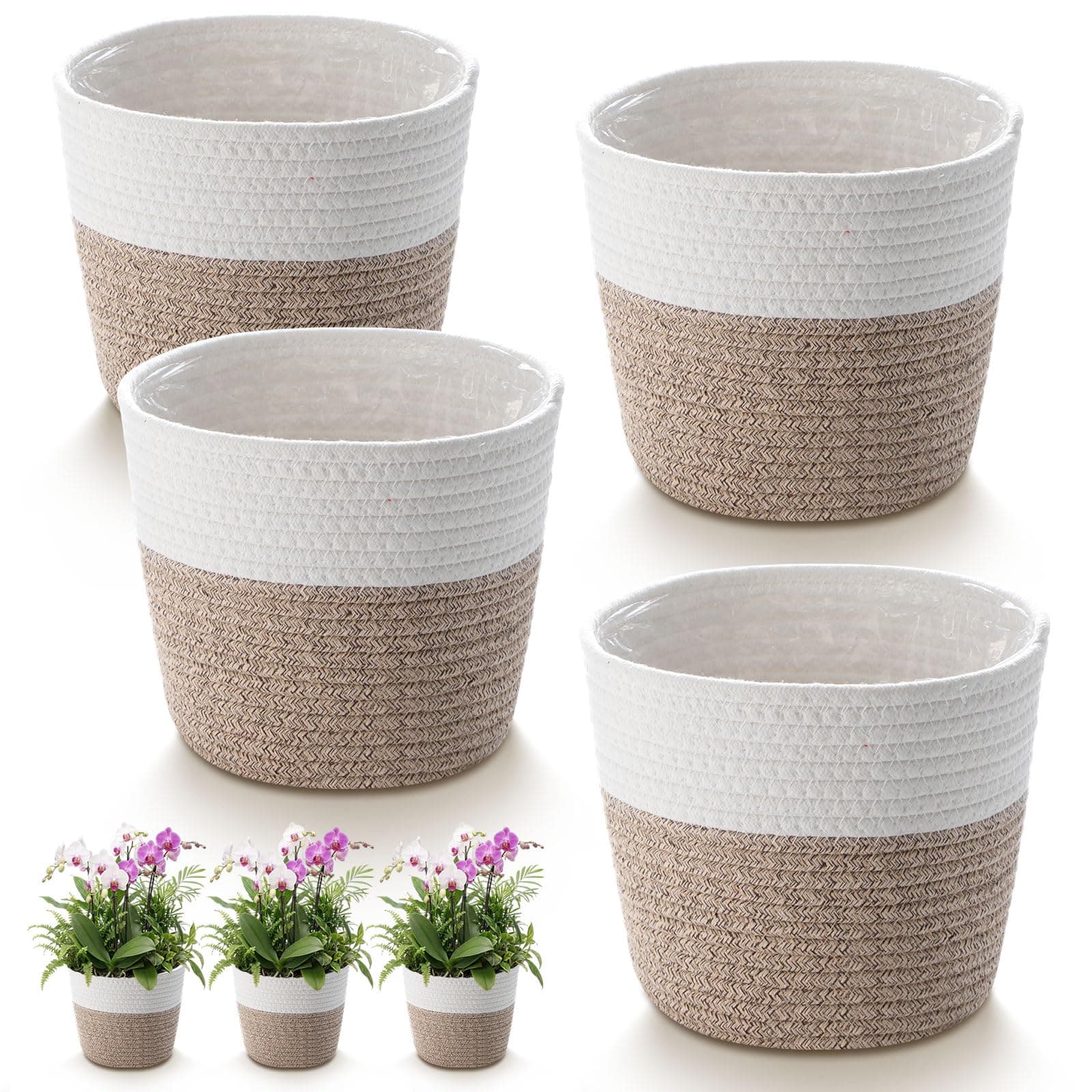 Fiwochic 4 Pcs Straw Plant Baskets Indoor Rattan Woven Flower Baskets with Plastic Liner, Cotton Rope Plant Planter for Indoor Outdoor Rustic Boho Home Farmhouse Floor Potted Pots Decor