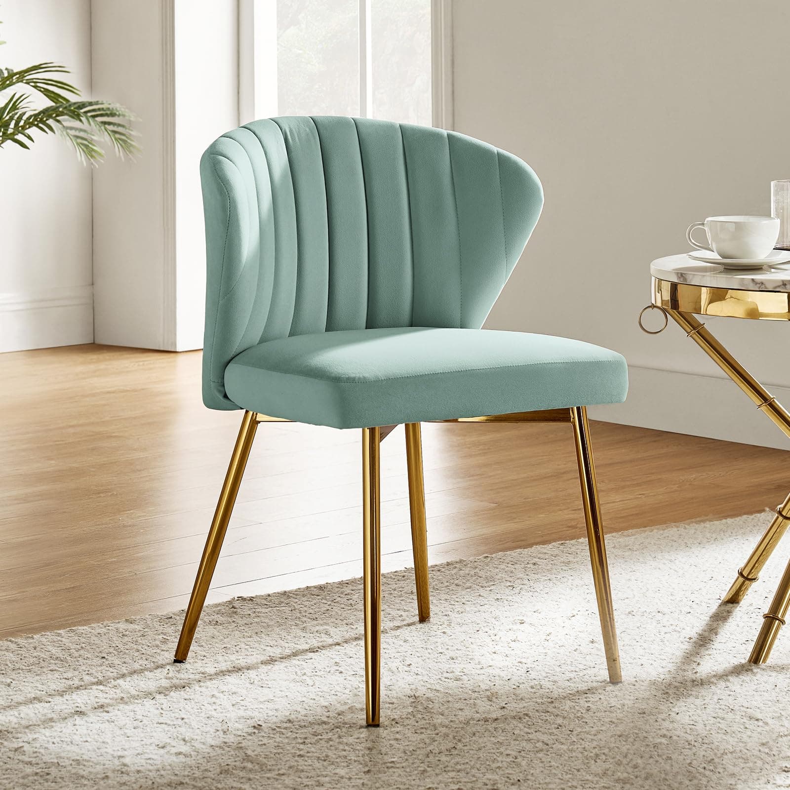 HULALA Home Velvet Dining Chairs, Modern Small Armless Accent Chair with Gold Metal Legs, Living Room Upholstered Cute Side Chair, Elegant Tufted Back Vanity Chair for Bedroom/Beauty Room-SAGE