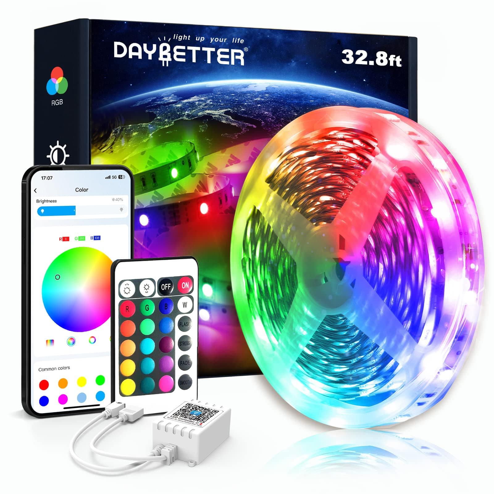 32.8ft Led Lights Strip for Bedroom, DAYBETTER App Controlled Smart Strip Lights Kit with 24 Keys Remote, Timer Schedule RGB LEDs, Color Changing Lighting for Bedroom Party Kitchen