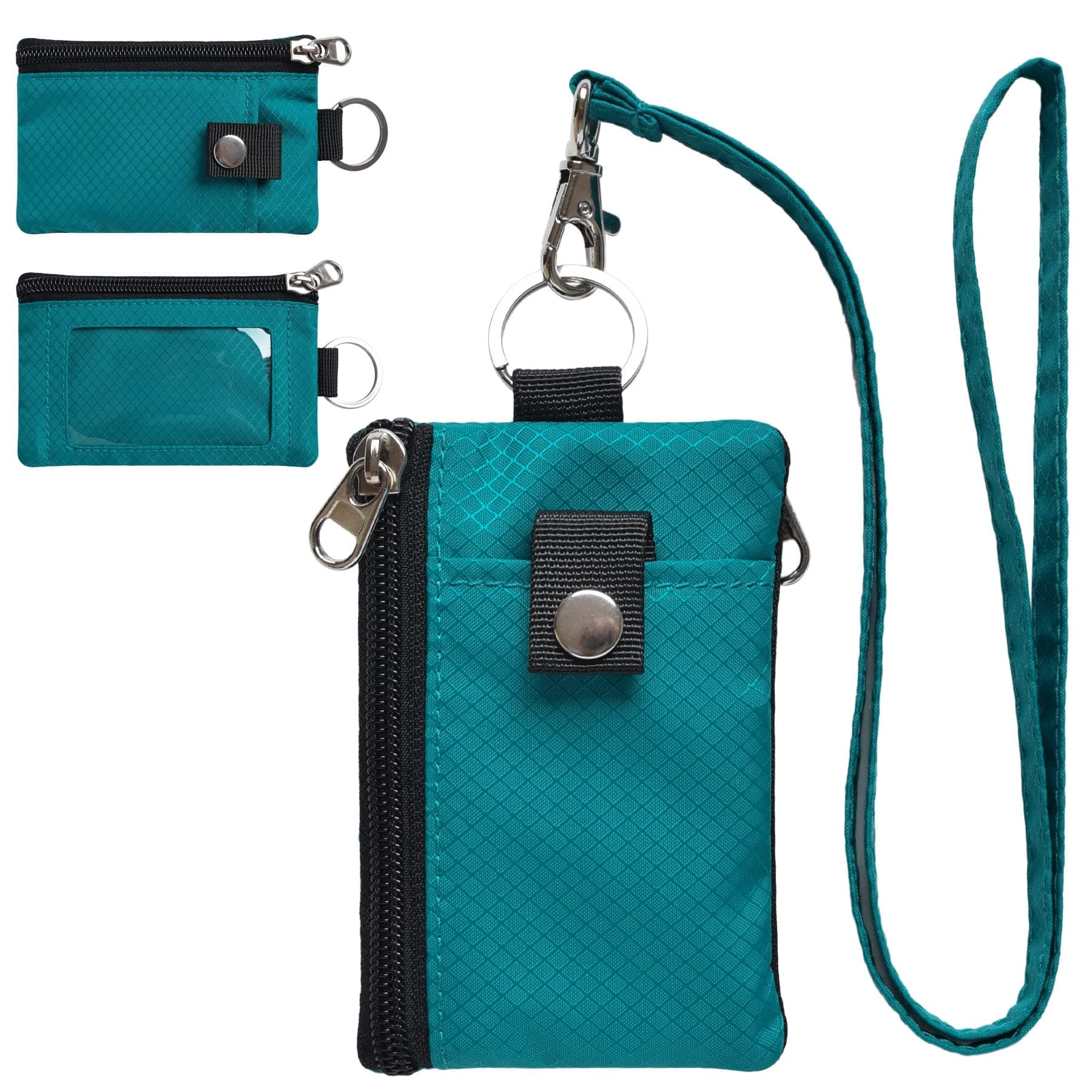 CHENSPRX Minimalist RFID Blocking Wallet with ID Window, Water Resistant, Zipper, Lanyard and Keychain for Cards, Cash and Travel (GreenOnion + DarkGreen