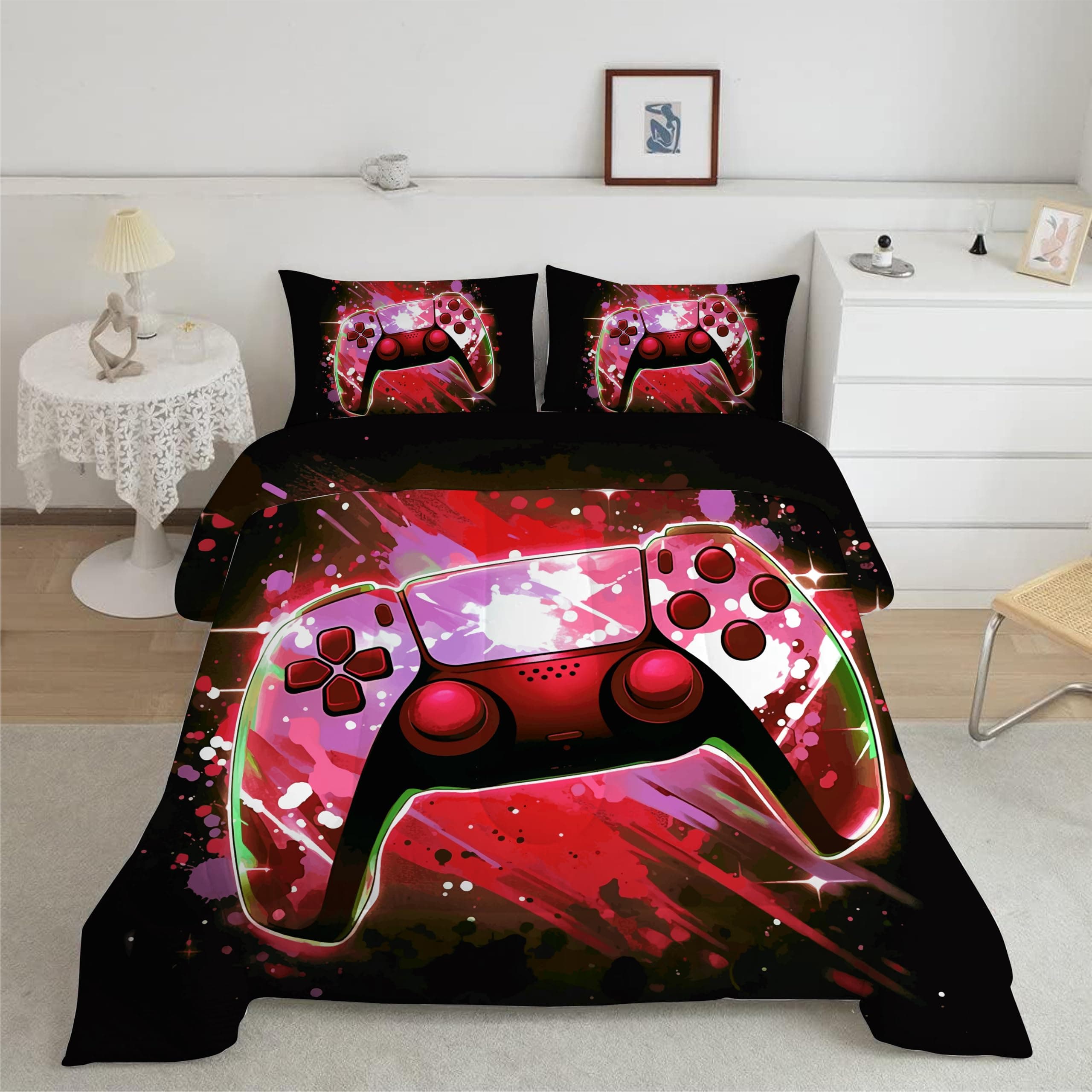 JJCOITR Gaming Comforter Set Twin Size for Boys Kids Teens Adult 3D Gamepad Bedroom Decor Game Bedding Set Red 5 Pieces Bed in a Bag