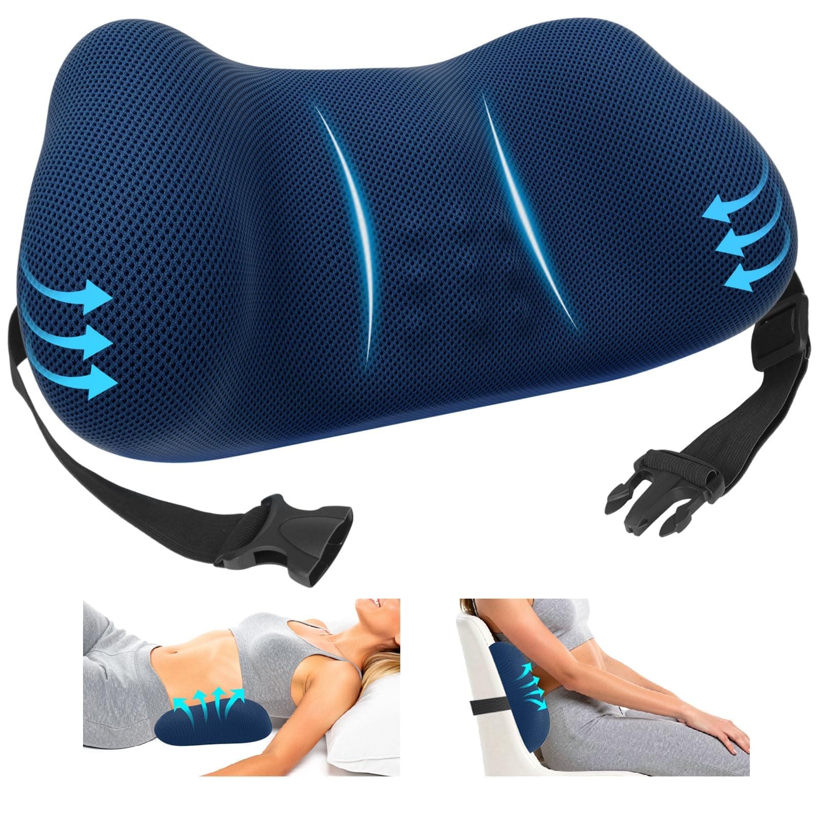 ComfyInLove Lumbar Support Pillow for Office, Memory Foam Lower Back Support for Car Seat, Ergonomic Lumbar Pillow with Adjustable Strap (Blue)