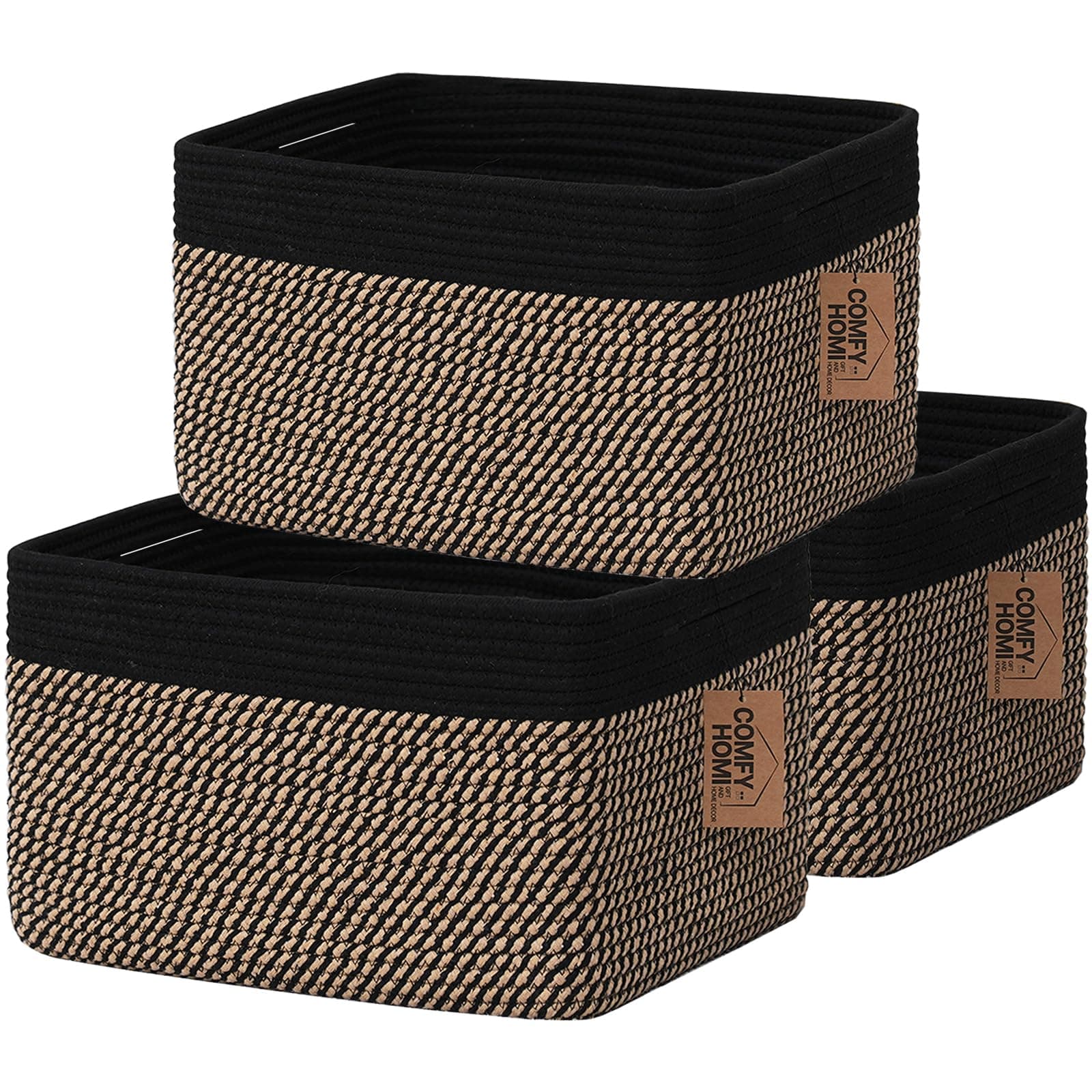 COMFY-HOMI 3PACK Cotton Rope Square Basket with Handles for Shelves|Dog Toy Bin and Storage|Baby Gift|Shoe Organizer|New 13.5" x 11" x 9.5" for Living Room (Black/Jute)