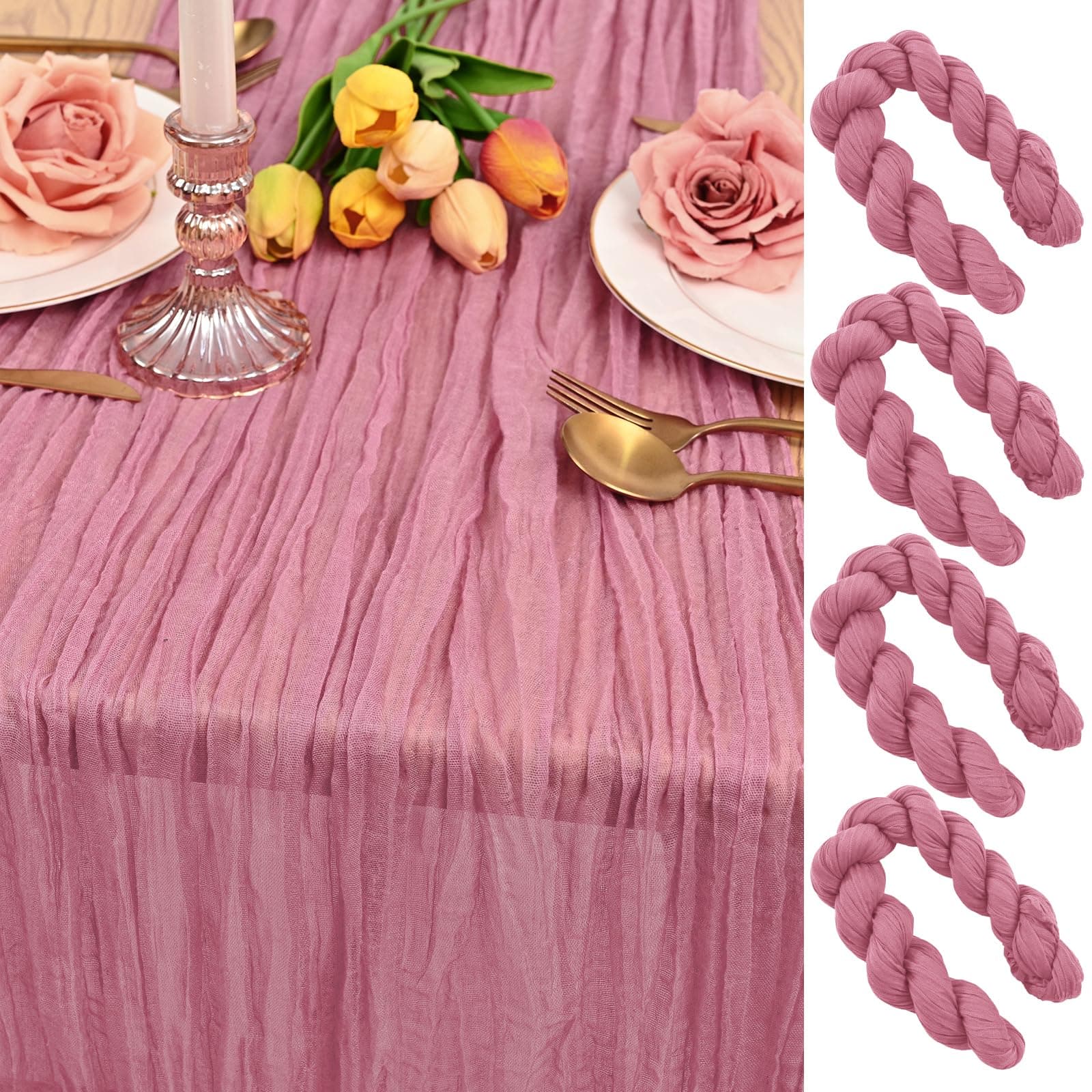 4 Pack Dusty Rose Cheesecloth Table Runner 12FT Gauze Table Runner with Natural Wrinkle 35*142 inch Rustic Table Decoration, Romatic Wedding Table Runner Boho for Reception Party Banquet Baby Shower