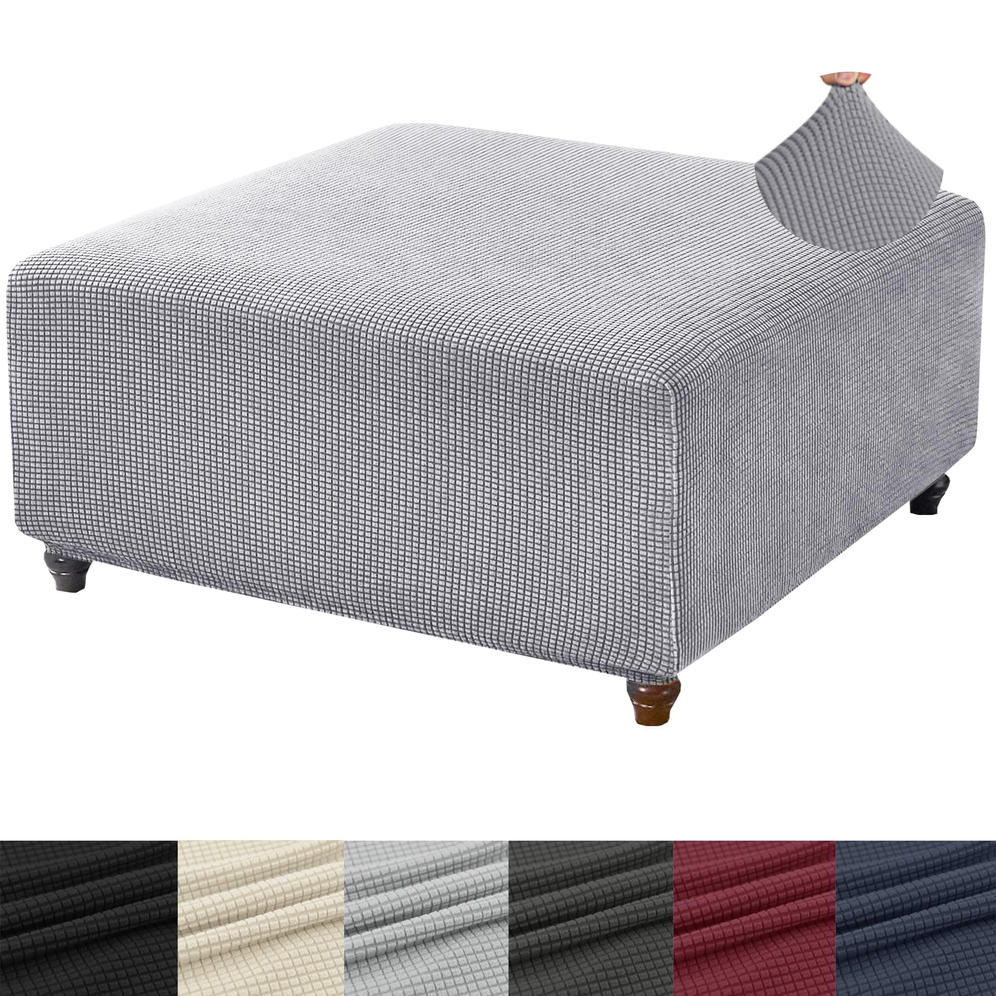 ANWUCHEN Ottoman Cover - Stretch Knitted Jacquard Square Slipcover - Soft Thick Storage Foot Stool Cover With Elastic Bottom - Large Light Gray