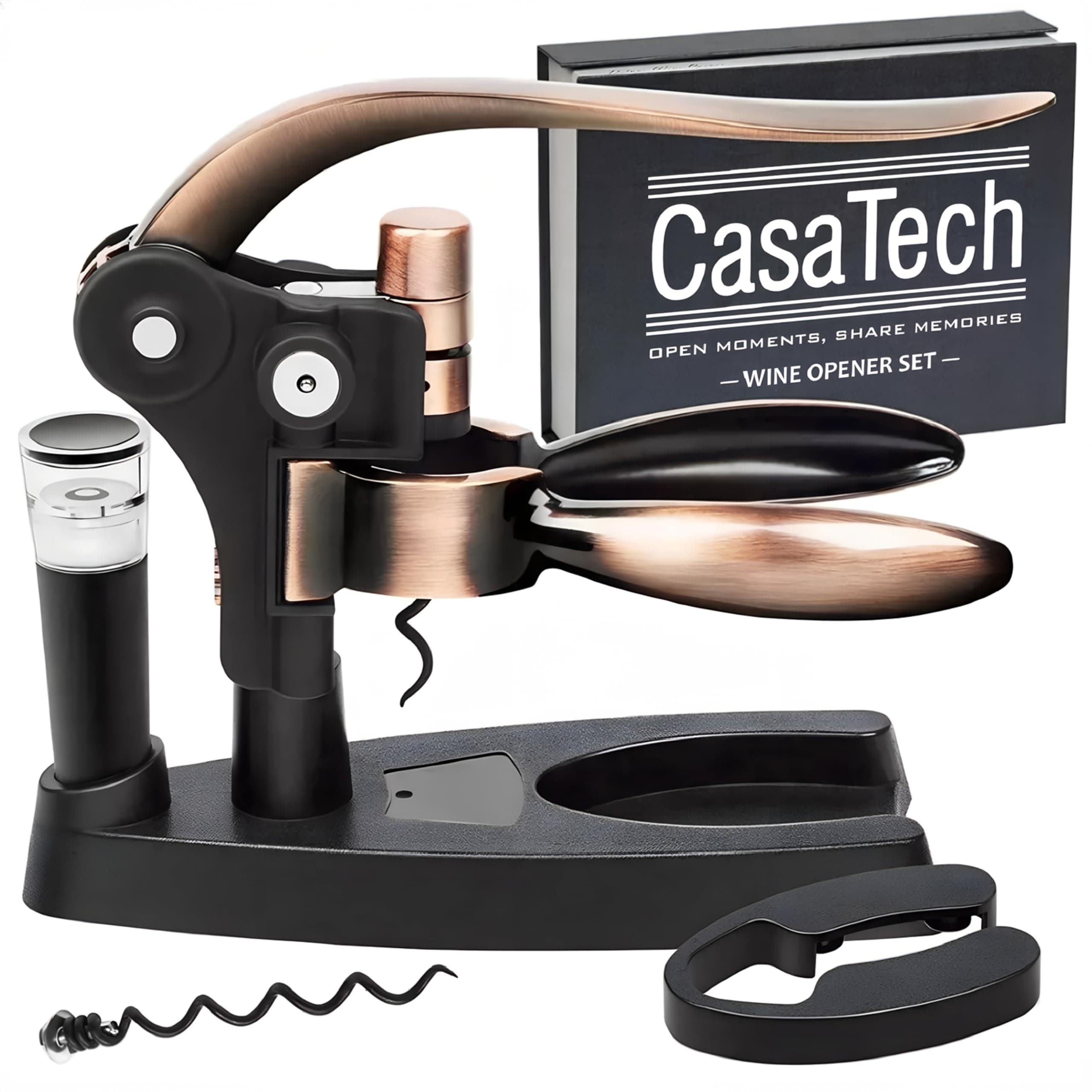 Wine Opener - Manual Corkscrew with Wine Stopper and Foil Cutter - Durable Bottle Opener for Effortless Cork Removal - Ergonomic, Heavy-Duty, Easy to Use for Home Bar