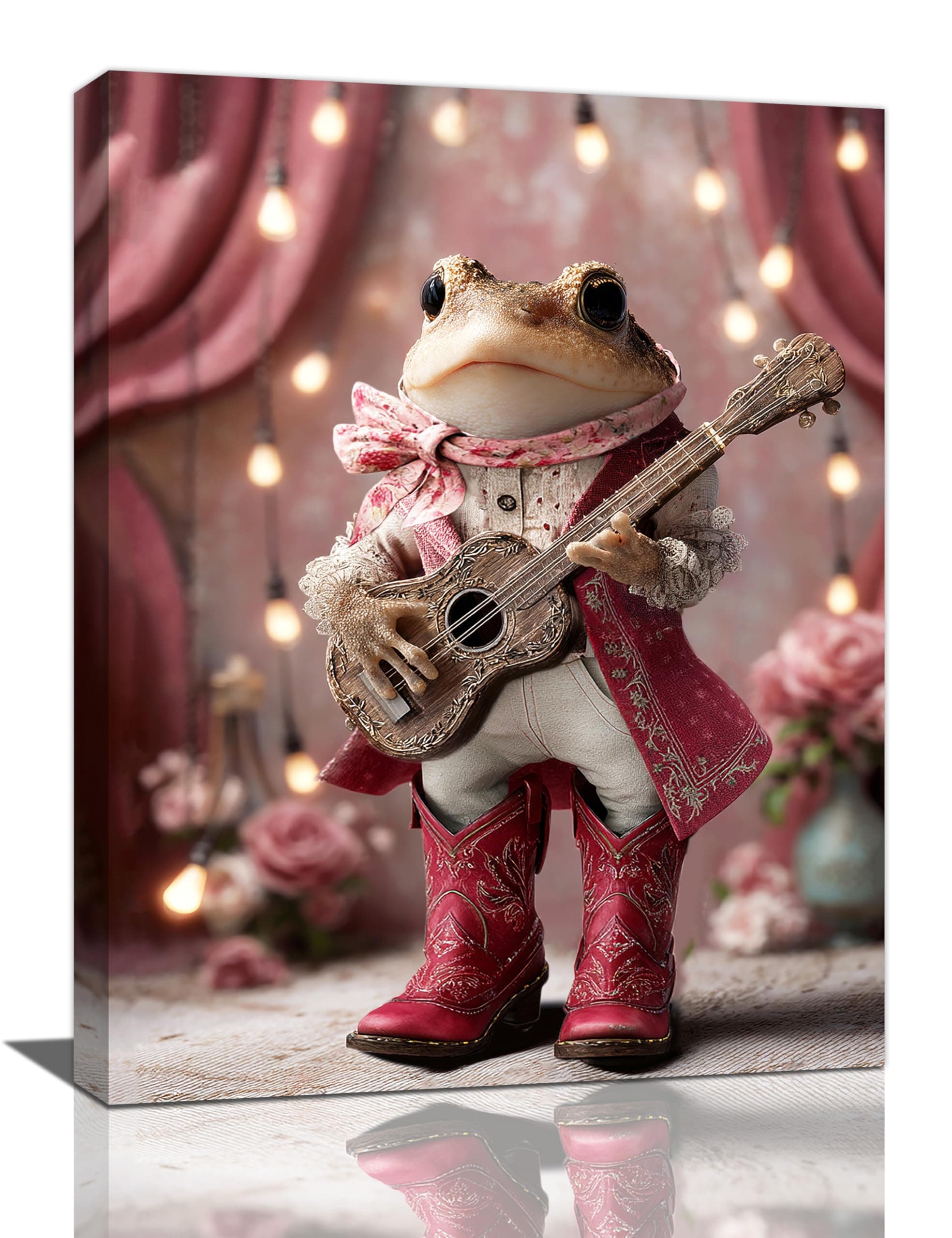 Rustic Western Cowboy Frog Guitar On Stage Wall Art Folk Country Music Canvas Wall Decor Music Festival Pictures Paintings Prints Funny Pink Animal Artwork Framed Musical Instruments Decorations For Bar Bathroom Nursery Bedroom Living Room Gifts 12" x 16"