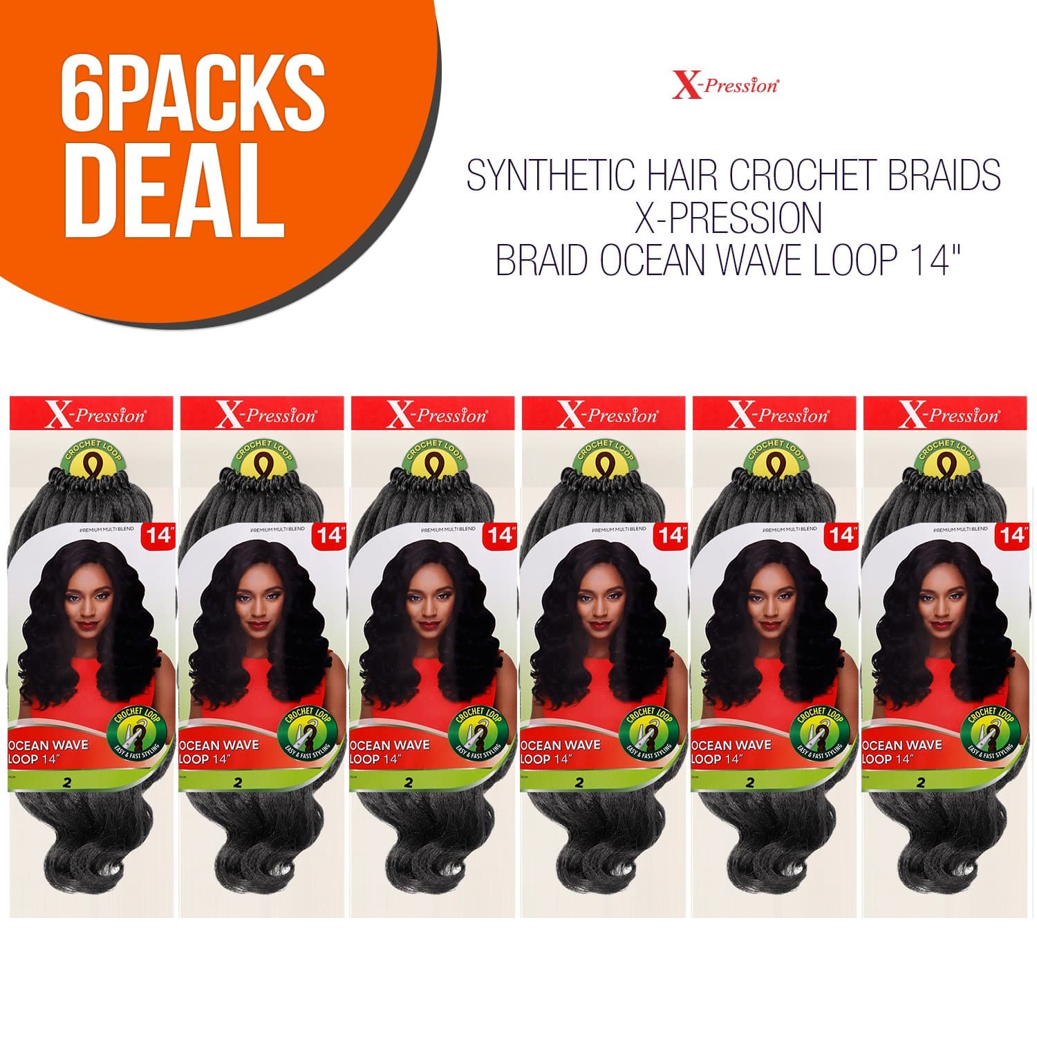 MULTI PACK DEALS! Outre Synthetic Hair Crochet Braids X-Pression Braid Ocean Wave Loop 14" (6-PACK, 2)