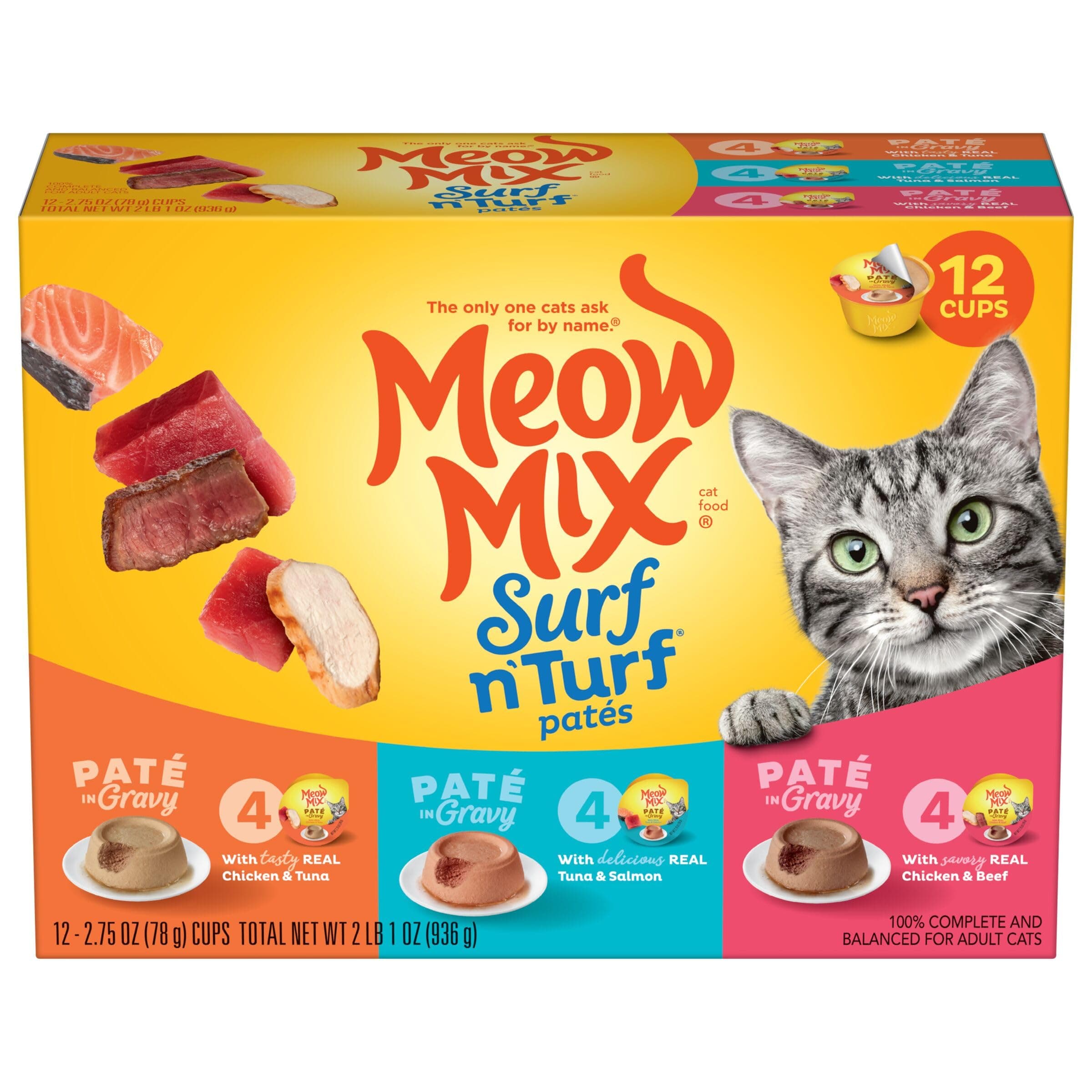 Meow Mix Surf ‘N Turf Patés, Wet Food Variety Pack, 12 Cups