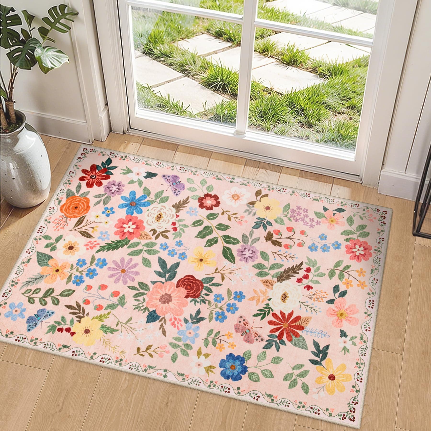 Area Rug Living Room Rugs: 5x7 Washable Rug Vintage Soft Boho Floral Non-Slip Carpet Indoor Floor Stain Resistant Large Thin Carpets for Bedroom Dining Room Farmhouse Nursery Home Office - Black