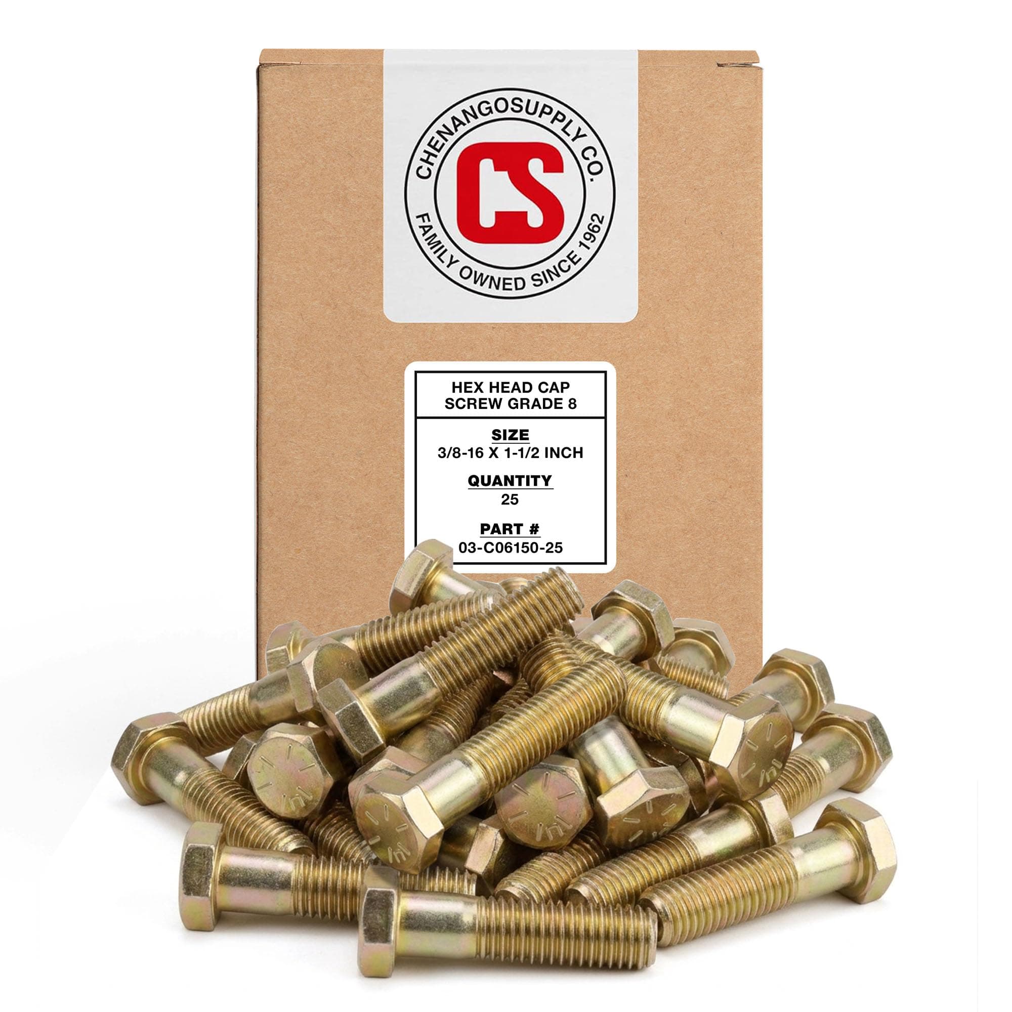 Chenango Supply 3/8-16 x 1-1/2" Grade 8 Hex Head Bolts – Alloy Steel, Yellow Chromate Zinc, 150,000 PSI Tensile Strength, High-Strength Hex Head Cap Screws, (25 Pieces, 3/8-16 x 1.5 G8)