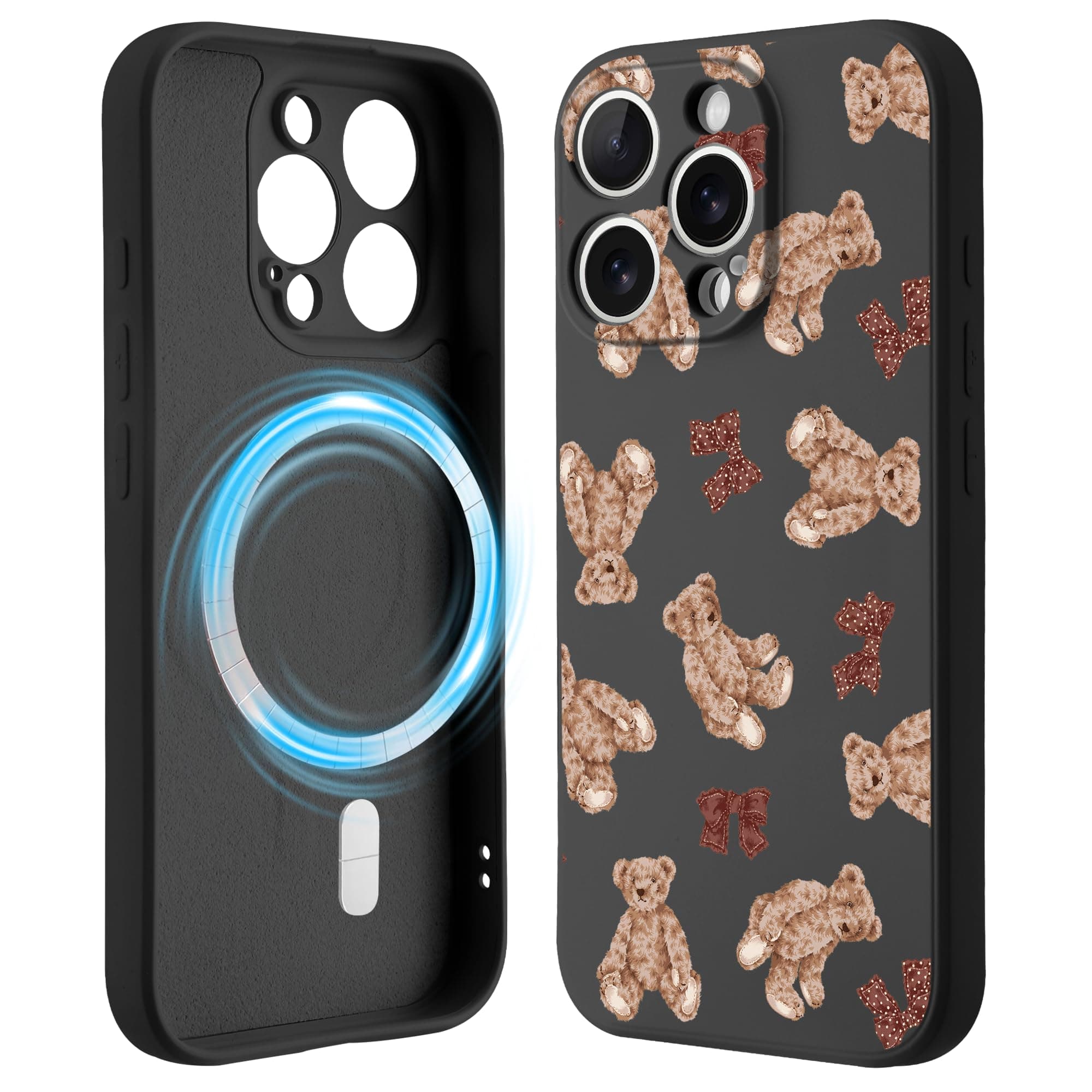Idocolors Teddy Bear Case for iPhone 15 Pro Max 6.7", Bow Phone Case, Compatible with MagSafe, Silky-Soft Touch Black Liquid Silicone Phone Case with Camera Lens Full Protection