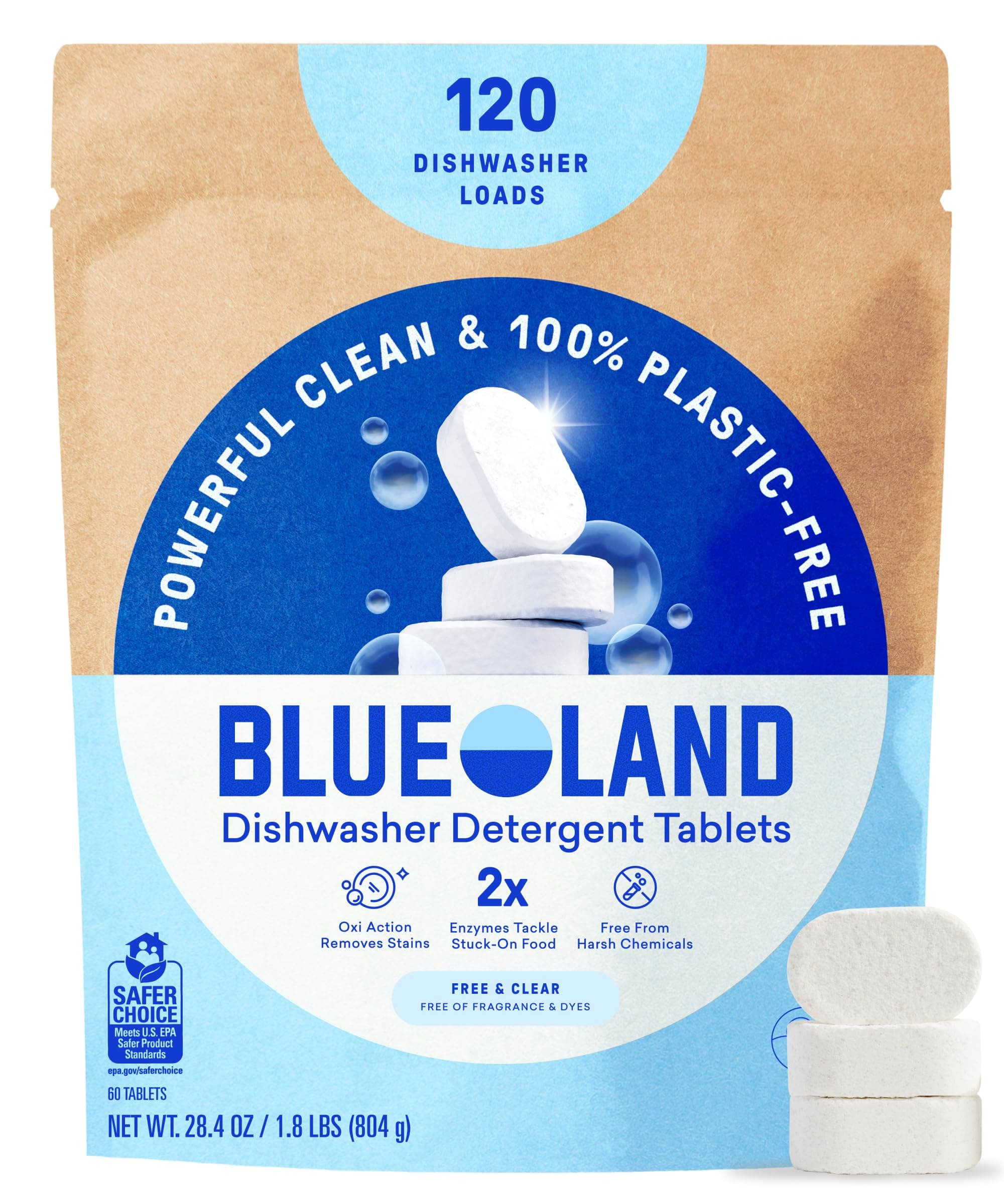 BLUELAND Plastic-Free Dishwasher Detergent Tablets, 120 Count, Unscented