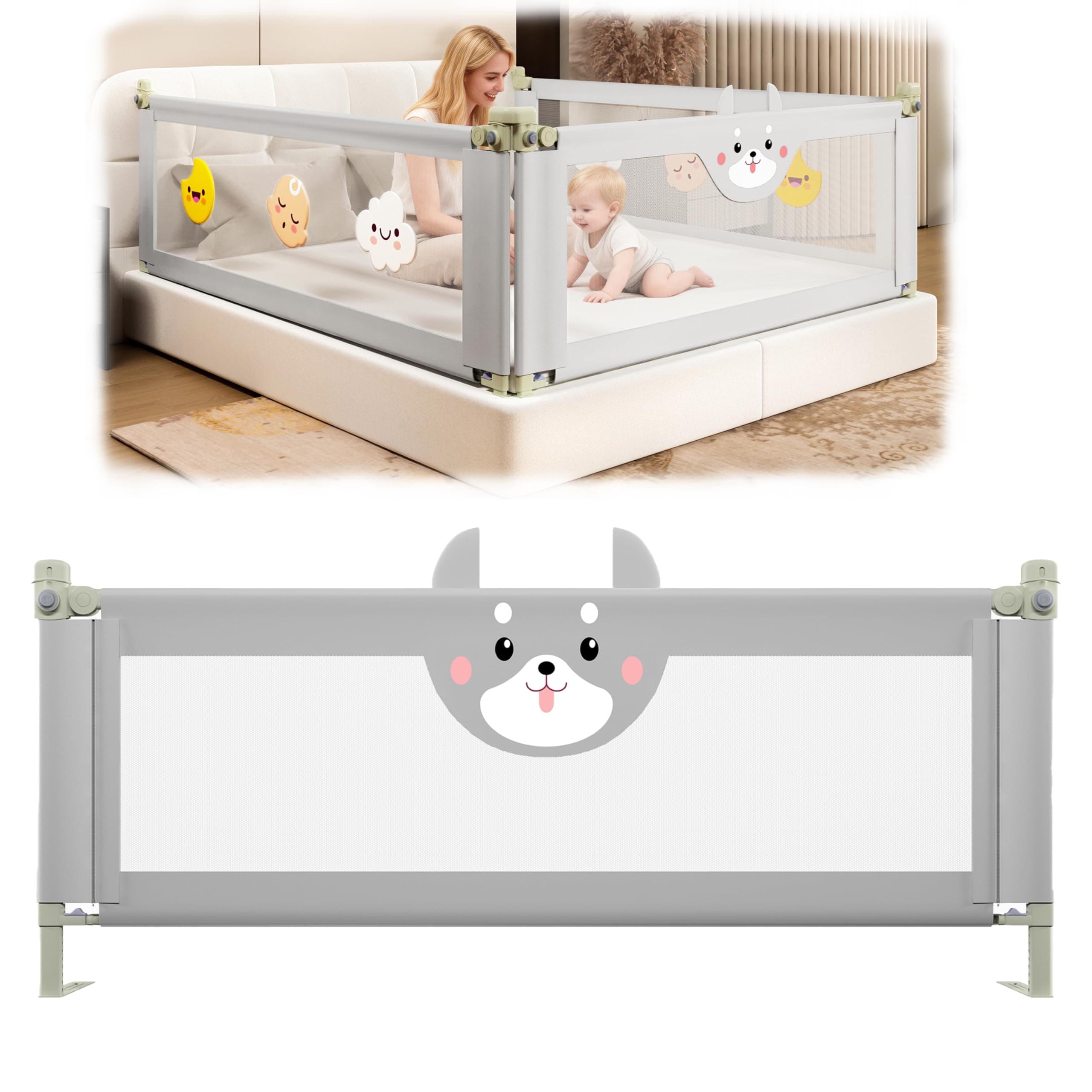 EAQ Baby Guard Bed Rails for Toddlers-Multi Gear Adjustable Height Seamless Press Bed Guardrail for Kids Great Fit for Twin, Double, Full-Size Queen & King Mattress,No Gap (Dog, 74.8IN)